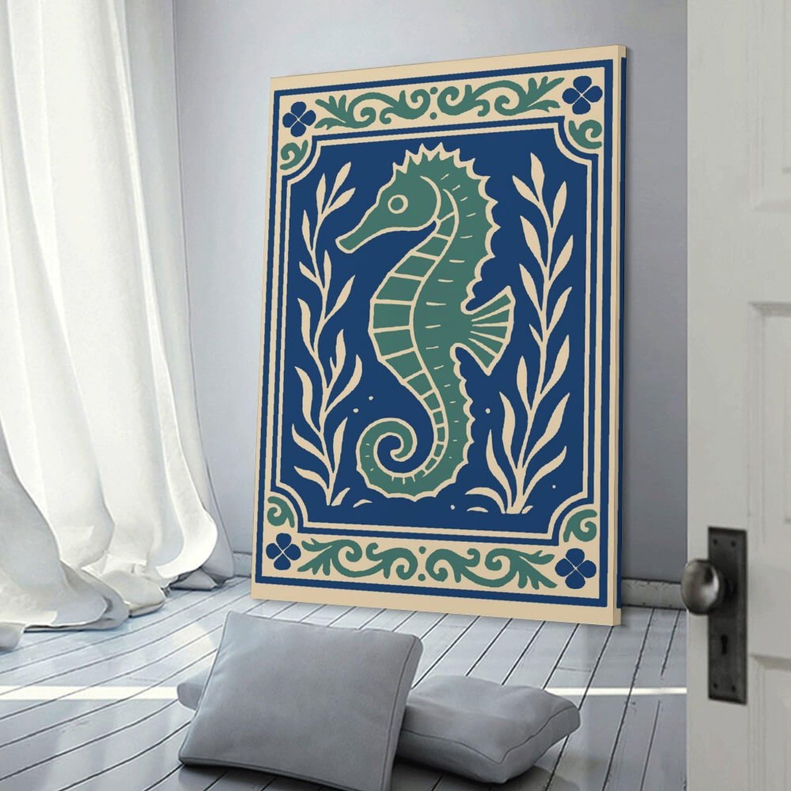 Junmoney Decorative Canvas Print Seahorse with Floral Border, 24x36inch(60x90cm), for New Homes, Bedrooms Or Workspaces, A Wall Art Gift for Fresh Interiors