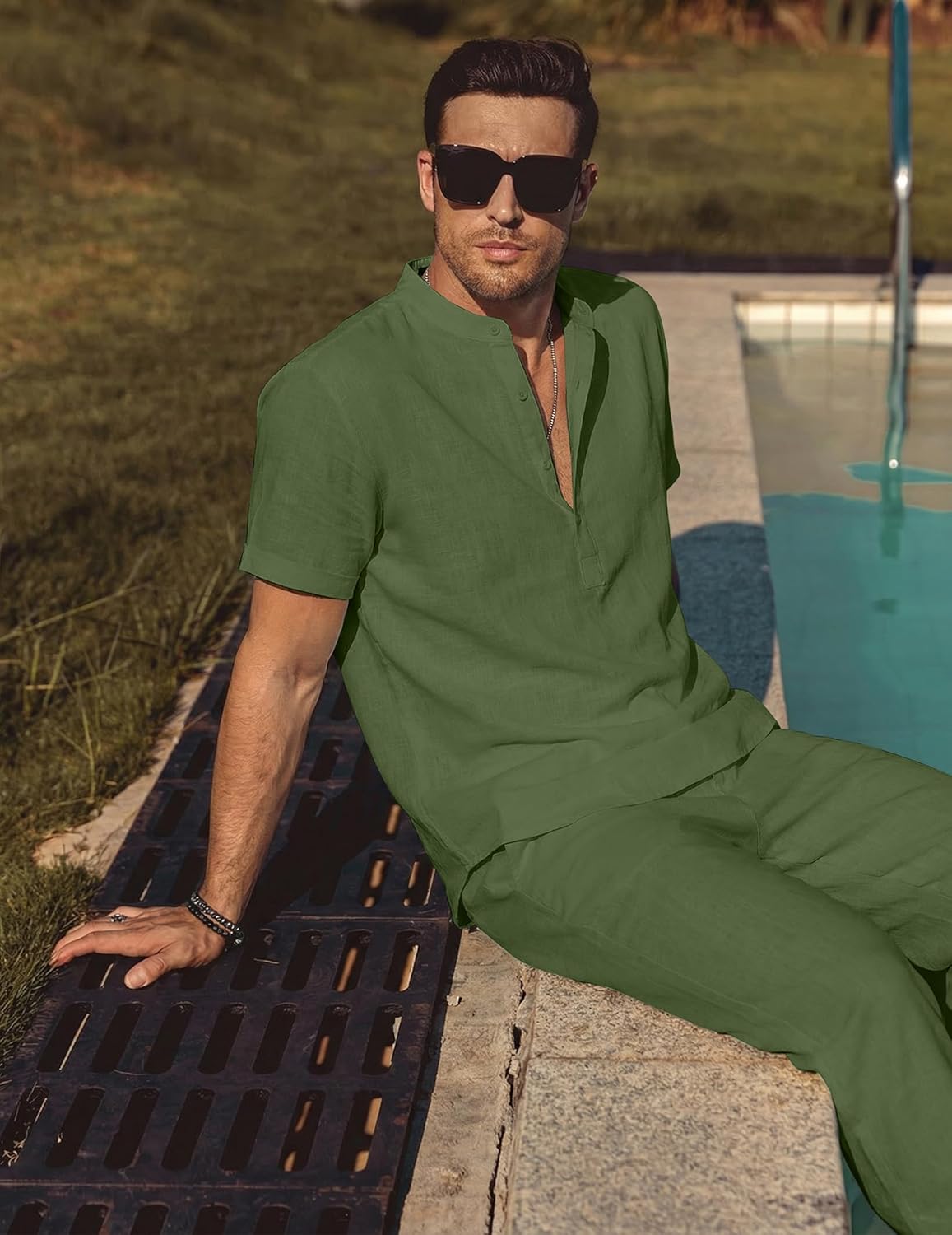 COOFANDY Mens 2 Pieces Cotton Linen Sets Short Sleeve Casual Henley Shirt Summer Beach Pants Lounge Vacation Outfits Set - Image 2