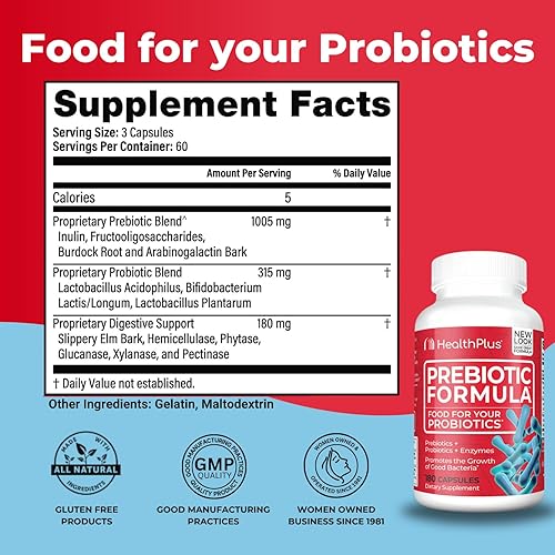 Miniatura 2 de Health Plus Fórmula prebiótica - Probióticos + prebióticos + enzimas digestivas - Sin gluten, sin lácteos, ingredientes herbales naturales (180