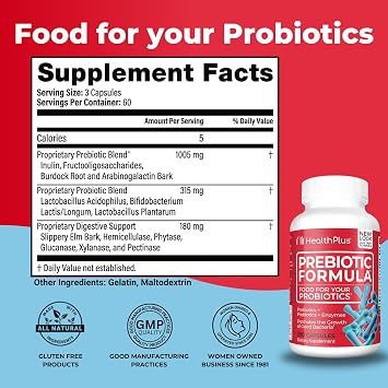 Health Plus Prebiotic Formula - Probiotics + Prebiotics + Digestive Enzymes - Gluten Free, Dairy Free, Natural Herbal Ingredients (180 Capsules, 60 Servings)