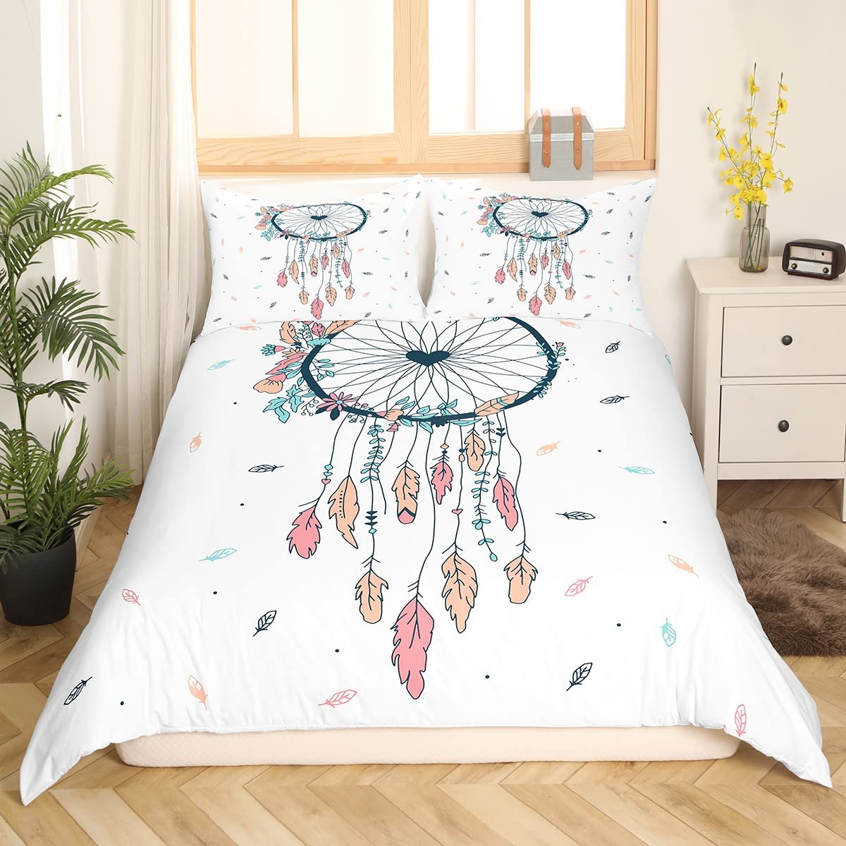 Loussiesd Boho Dreamcatcher Bedding Set Kids Kawaii Bohemian Comforter Cover Set for Girls White Feather Duvet Cover Breathable Drawing Flower Bedspread Cover Double - Image 3