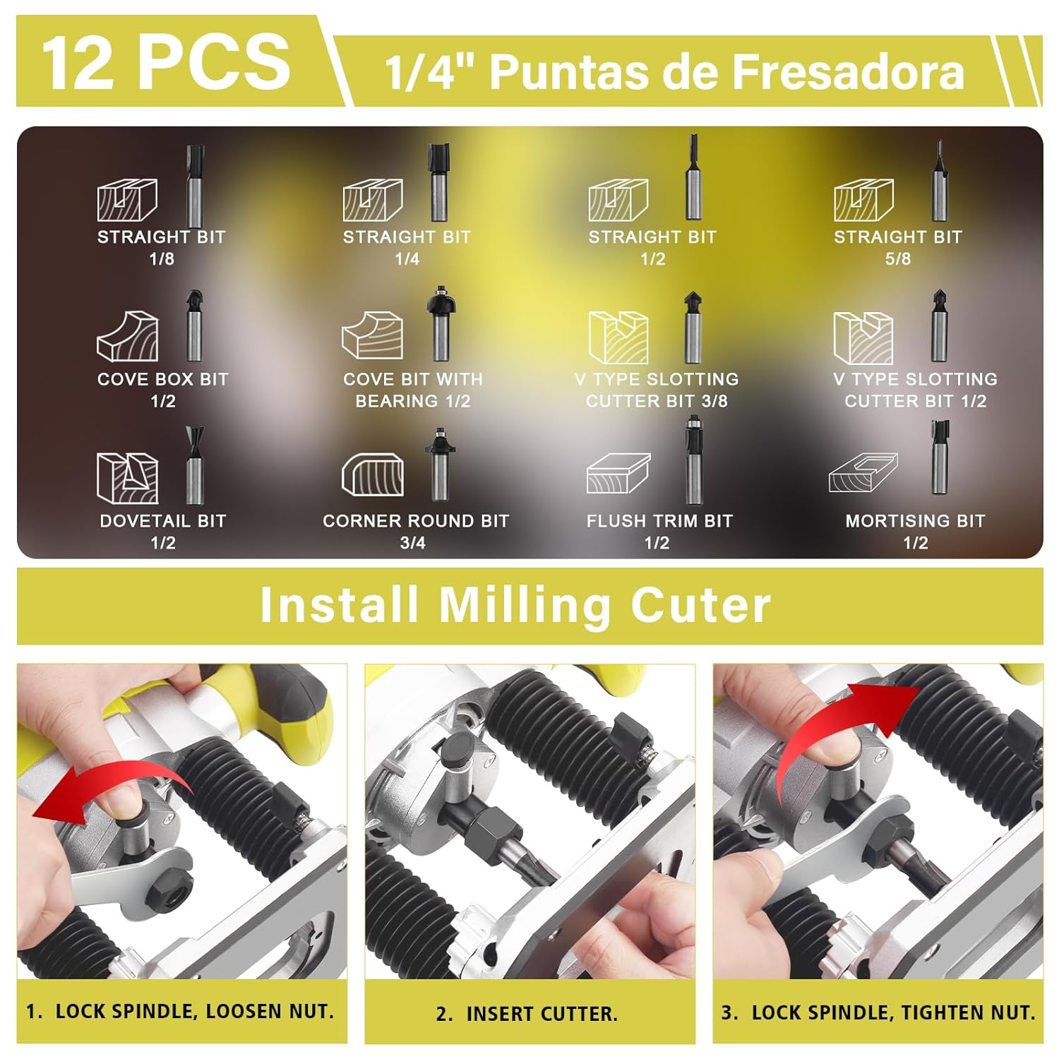 Three-step process for installing a milling cutter: 1. Lock spindle and loosen nut. 2. Insert cutter. 3. Lock spindle and tighten nut.