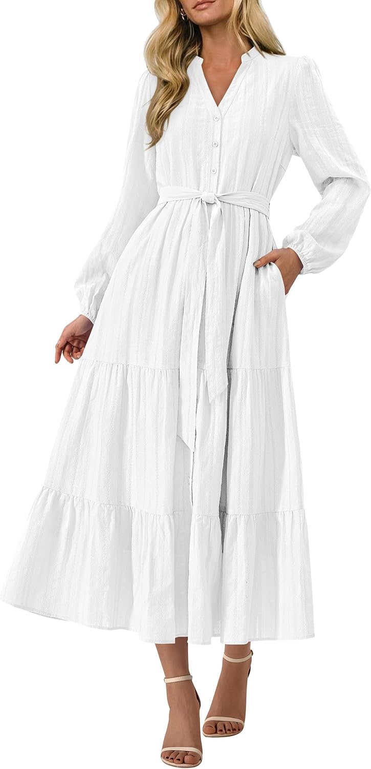 PRETTYGARDEN Womens Fall Maxi Dresses 2025 Casual Long Sleeve V Neck Button Down Flowy A Line Tiered Shirt Dress with Pockets