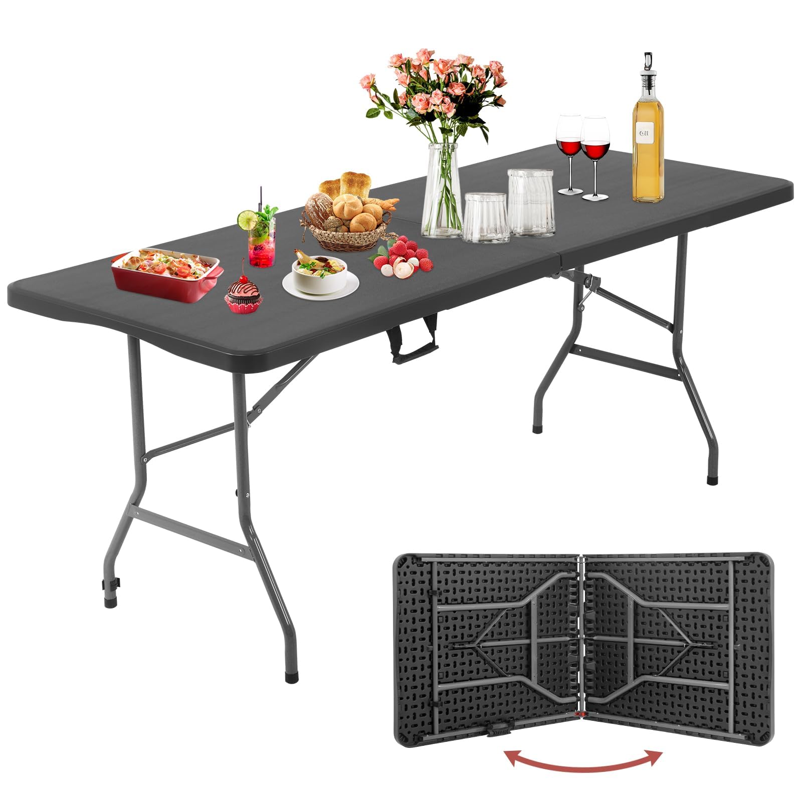 Table pliante robuste 1,80 m portable noire avec poignées ergonomiques
