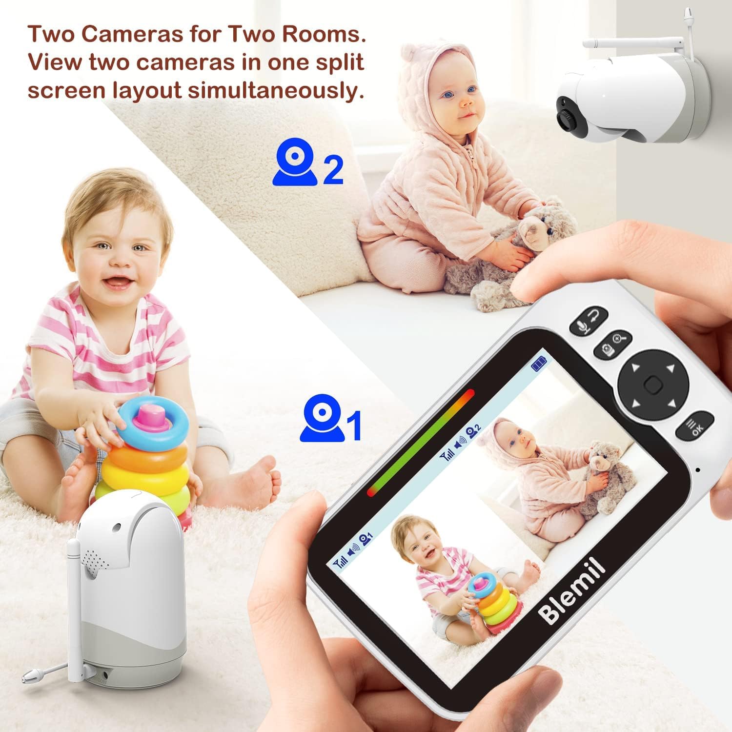Blemil Babyphone mit 2 Kameras und Audio 30 Stunden wiederaufladbare Batterie, 5" großer geteilter Bildschirm, ferngesteuerte Schwenk-/Neige-/Zoom-Kamera, Zwei-Wege-Gespräch, Nachtsicht, kein WiFi