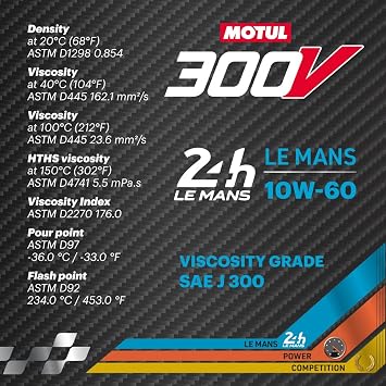 Motul 110864 300V 10W-60 LE MANS Car Racing Motor Oil Full Synthetic Engine Lubricant 2 Liter High Performance 4-Stroke Ester Core