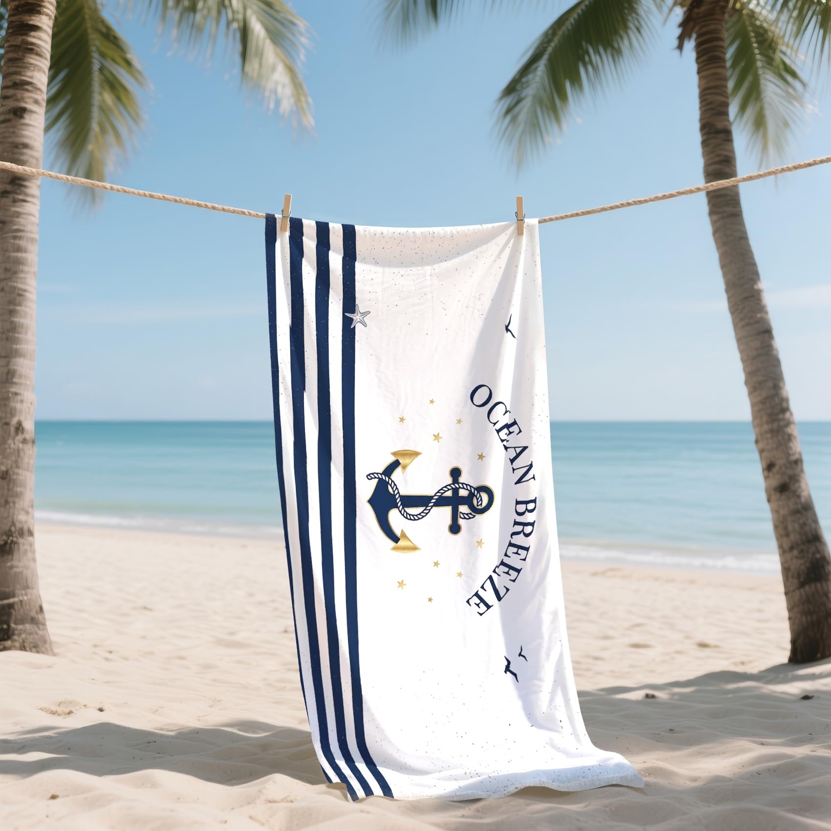 Serviette de Plage XXL Microfibre Ancre Nautique Océan Beach Vacances, Drap de Plage Séchage Rapide Anti Sable & Légère, Serviette de Bain Grande Taille 100x200 cm, Accessoire & Cadeau été