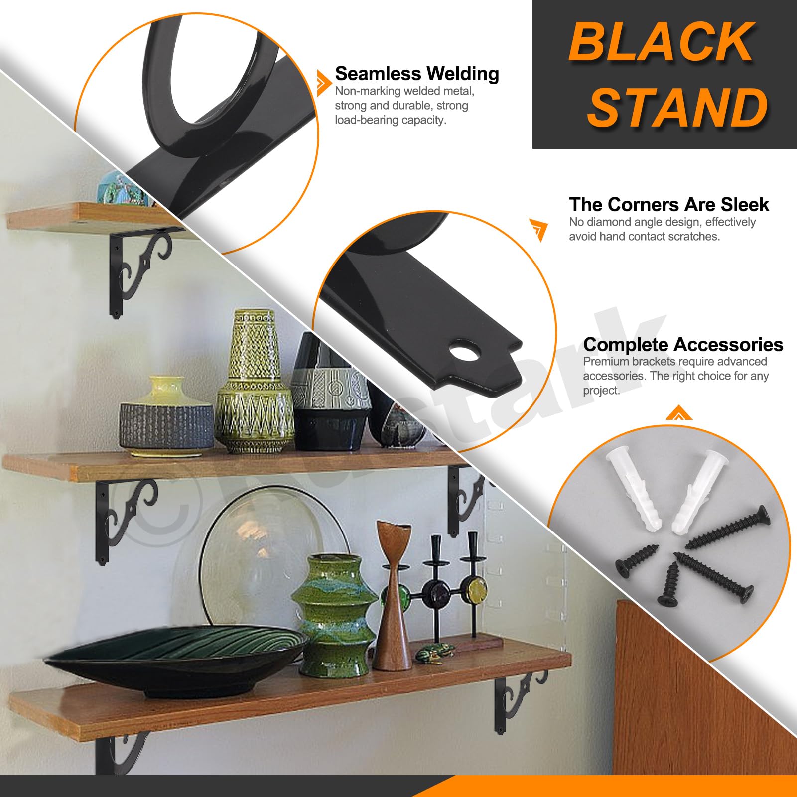 Rustark 2 Pack 8 Inch Black Decorative Shelf Brackets Heavy Duty Wall Mount L Shape Steel Metal Shelf Supporter Triangle Shelf Brackets with Screws for Home Office Easy Assembly - Image 4