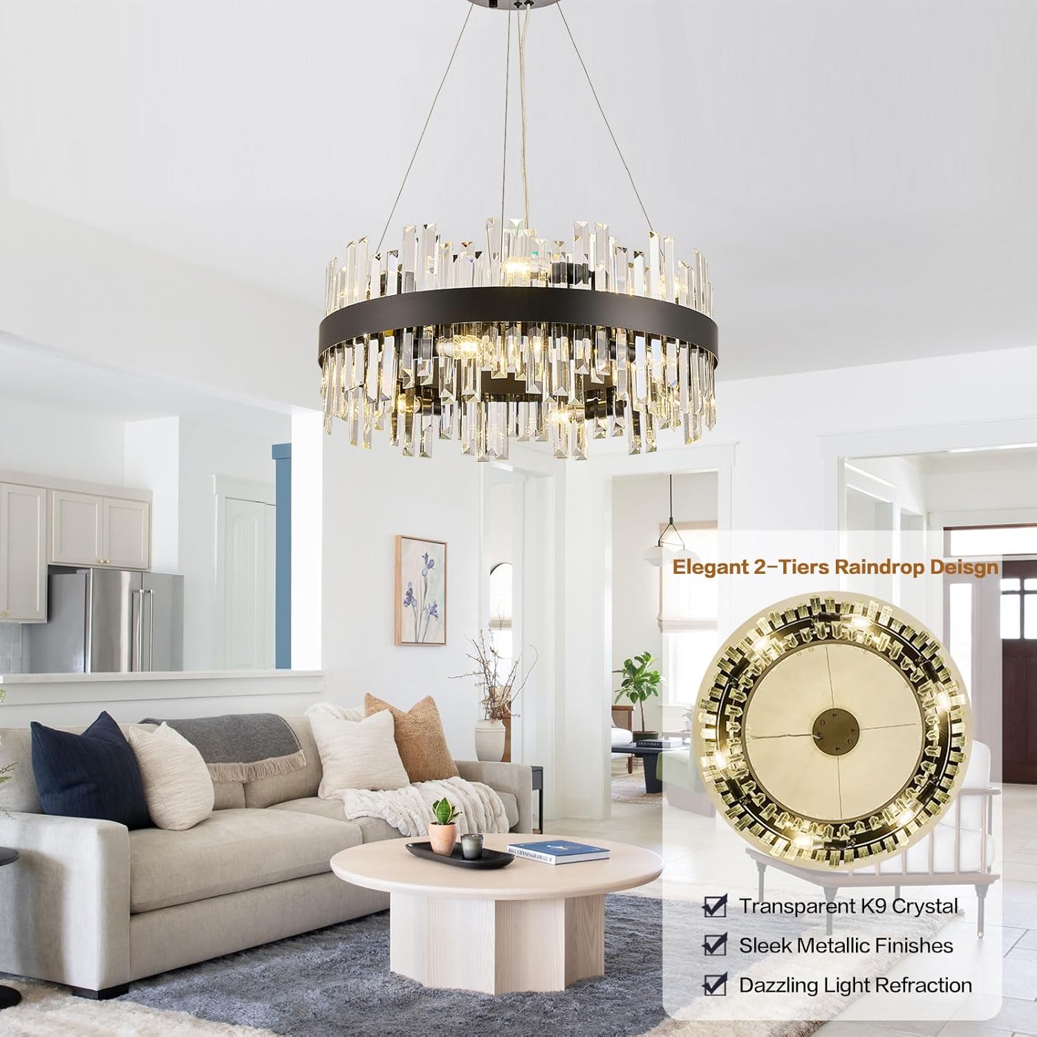 24'' Modern Black Crystal Chandeliers for Dining Room,2 Tiers K9 Crystal 12-Lights Luxury Chandelier Light Fixture Contemporary Pendant Ceiling Light for Living Room Kitchen Island Foyer