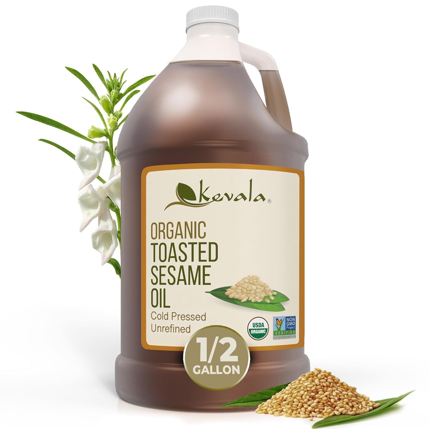 Kevala Organic Toasted Sesame Oil, Cold-Pressed Unrefined, USDA Organic Kosher Non-GMO, 64 Fl Oz - Nutty Flavor for Cooking & Dressings