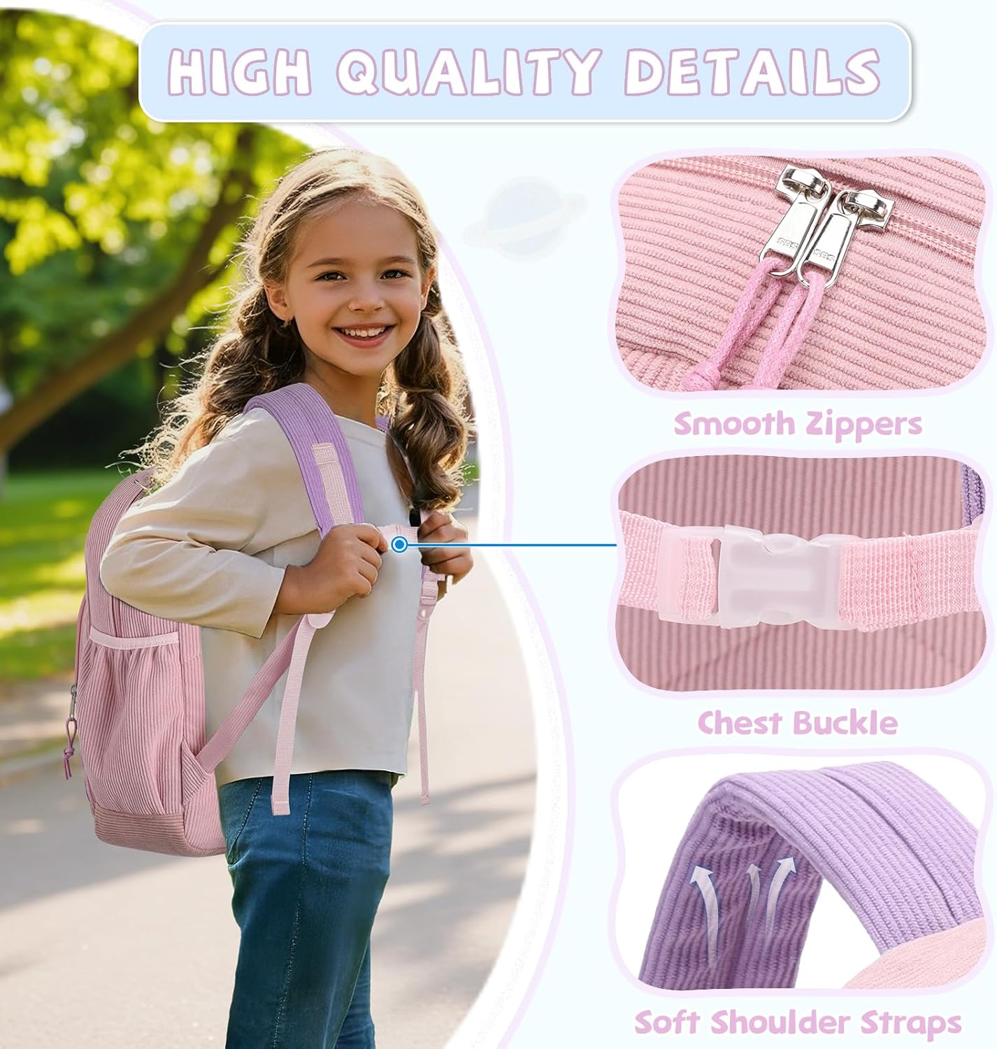 Kasqo Kids Corduroy Backpack, Lightweight Preschool & Primary School Bag for Boys & Girls 4-7 Years with Chest Buckle, 14.5" H, Fits A4 Folders Pink Purple - Image 5