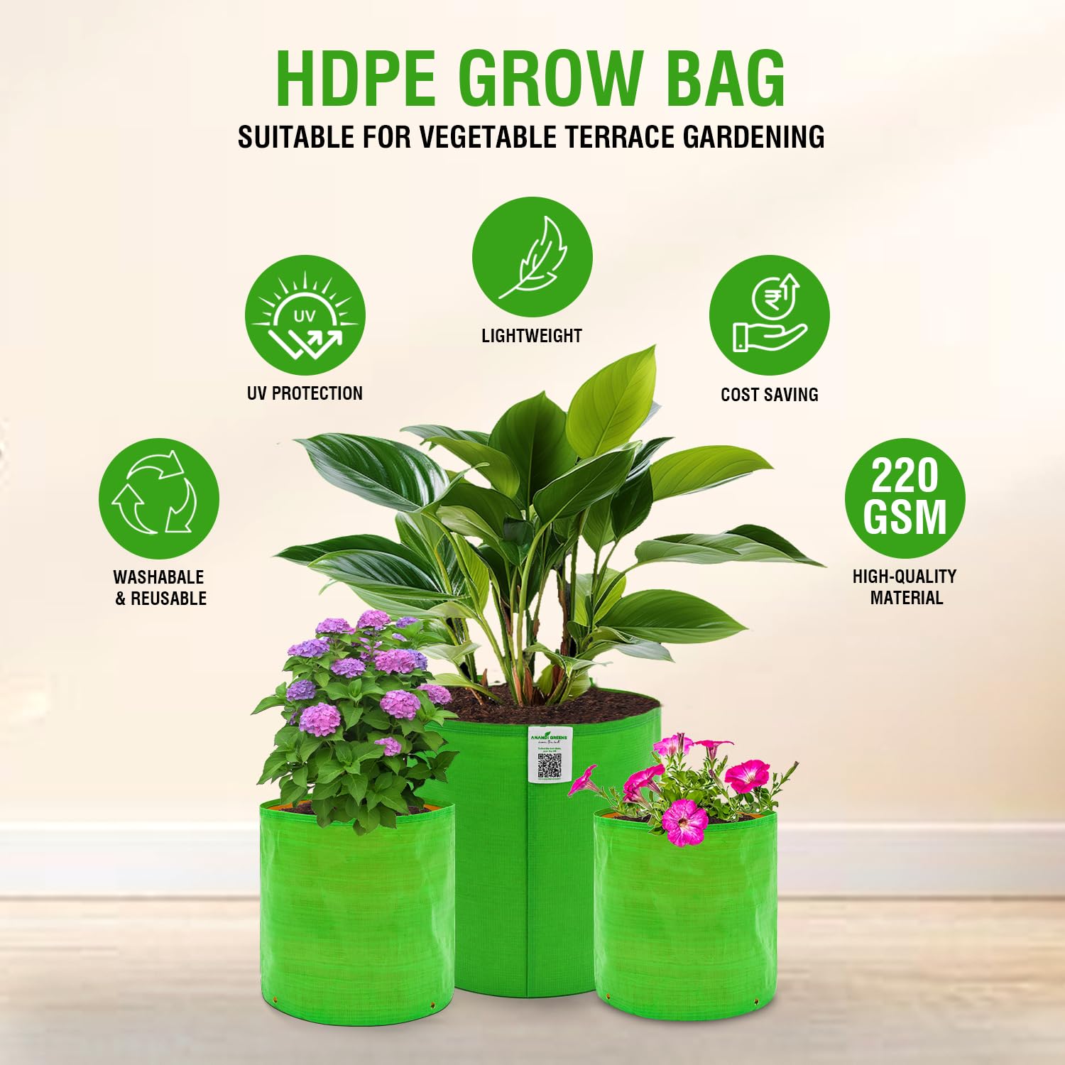 Anandi Green Grow Bags - Premium Plant Containers -2 Anandi Green Grow Bags - Premium Plant Containers -2