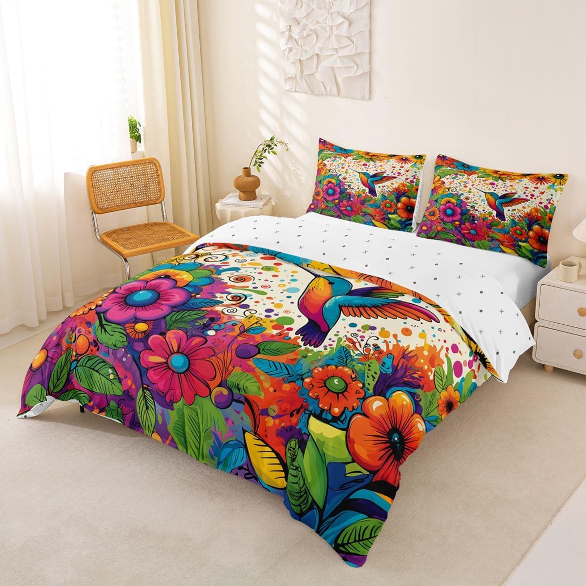 Castle Fairy Hummingbird Duvet Cover Set Full Size, Kids Bedding Set,Bohemian Flowers Botanical Teens Room Decor,Blue Orange Quilt Cover,2 Pillowcases(No Comforter) image 2