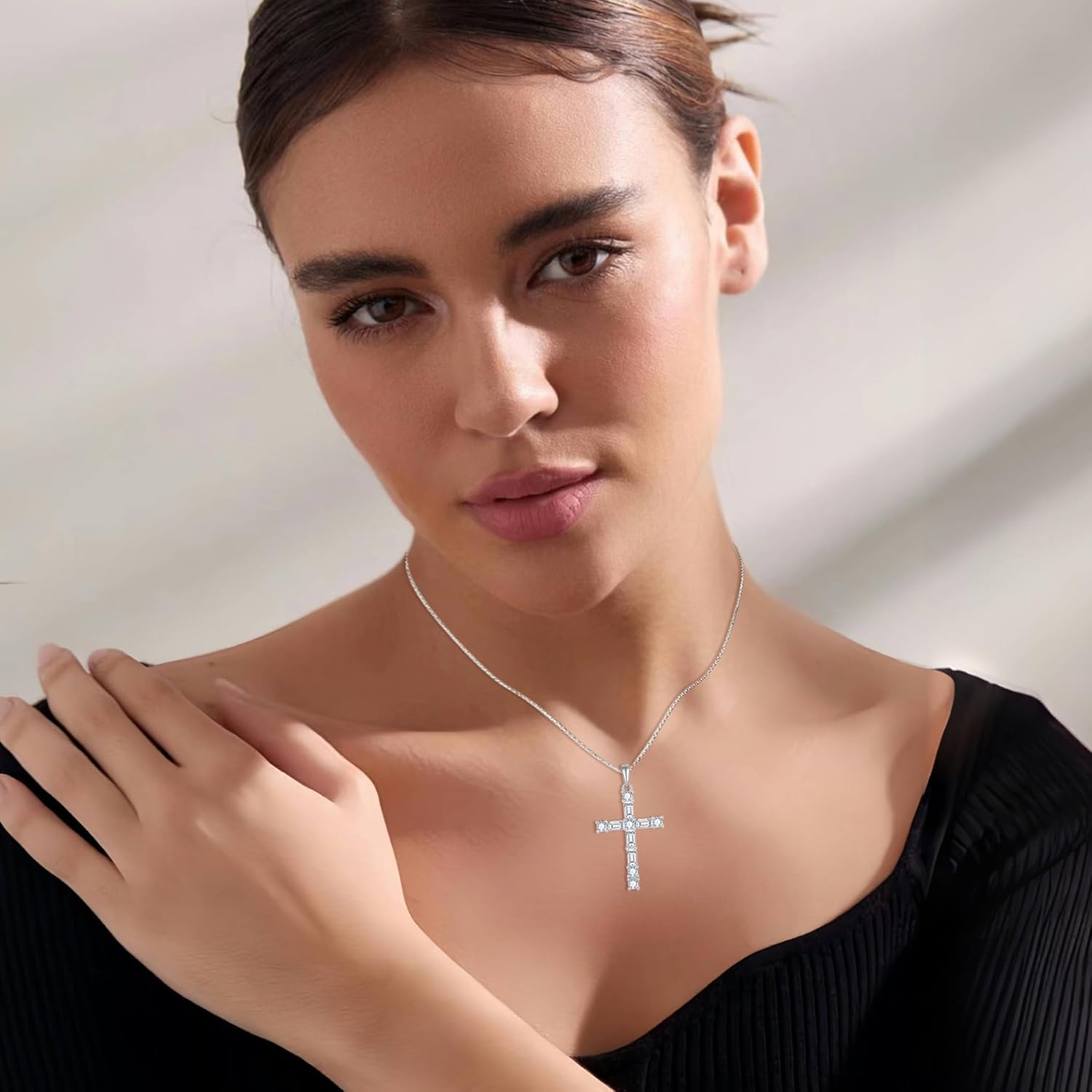 Birthstone Cross Necklace 925 Sterling Silver Crucifix Christian Religious Pendant Rectangular Square Cut Cubic Zirconia Jewelry for Women - Image 3