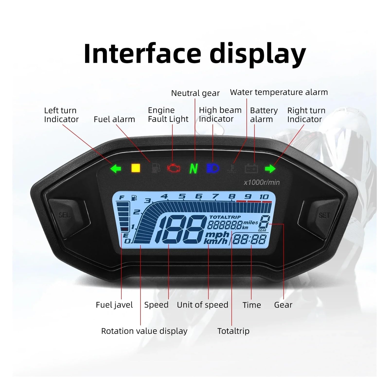 Moto Odómetro Tacómetro Velocímetro Digital Universal para Motocicleta, Medidor De Panel, Tacómetro, Odómetro, Nivel Combustible, Temperatura del Agua para 2,4 Cilindros