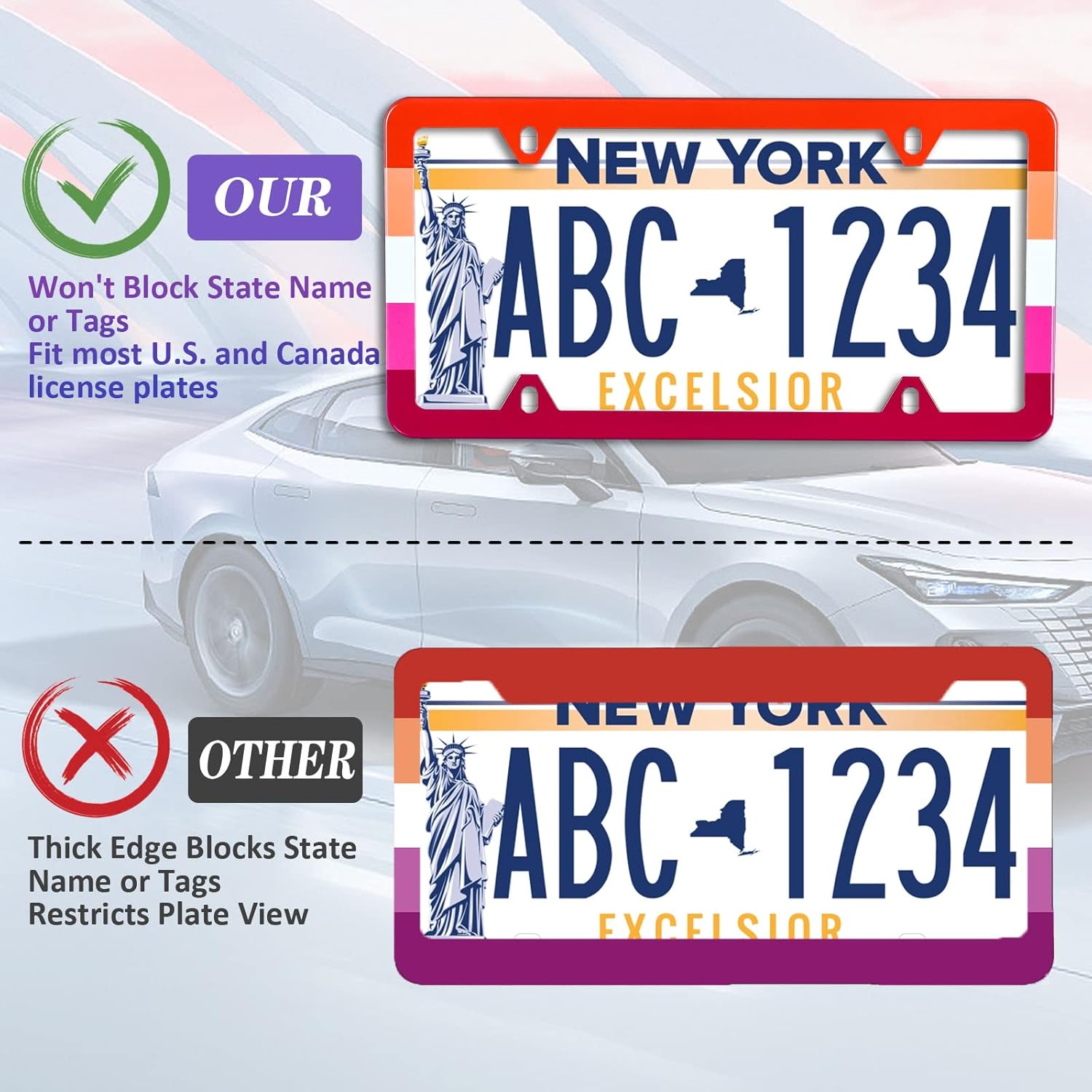 【2Pcs】 Lesbian Flag LGBT Pride Rainbow License Plate Frame Stainless Steel Car License Plate Frame Accessory Car Plate Frame Decor for US Canada Vehicle Standard Size