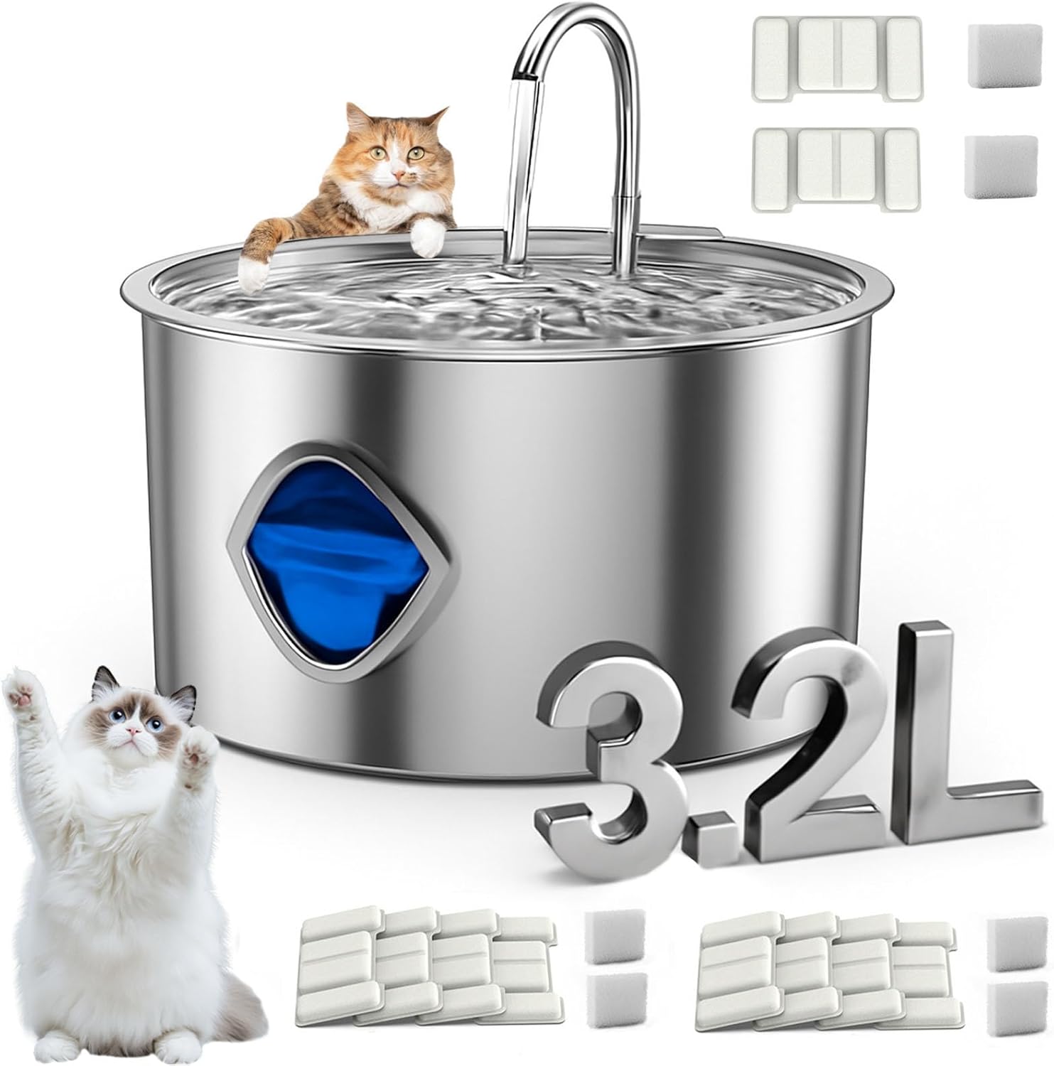 Dog Fountain,3.2L Filtered Water Bowl,Watering Systems Quadruple Purification,Transparent Window for Easy Disassembly and Cleaning,for Small to Medium-Sized Dogs and Cats (A+Filter Cartridge)