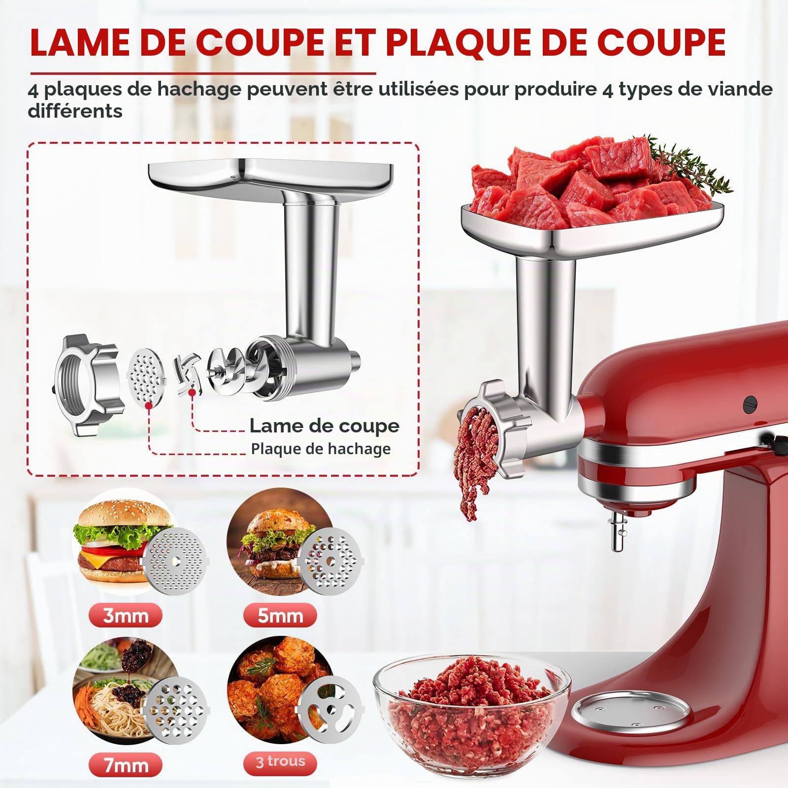 COFUN Accessoires de Hachoir à Viande et Coupe-légumes pour KitchenAid Robot Pâtissier, Comprend un Accessoire pour Kitchen Aid Hachoir à Viande et un Ensemble de Coupe-légume