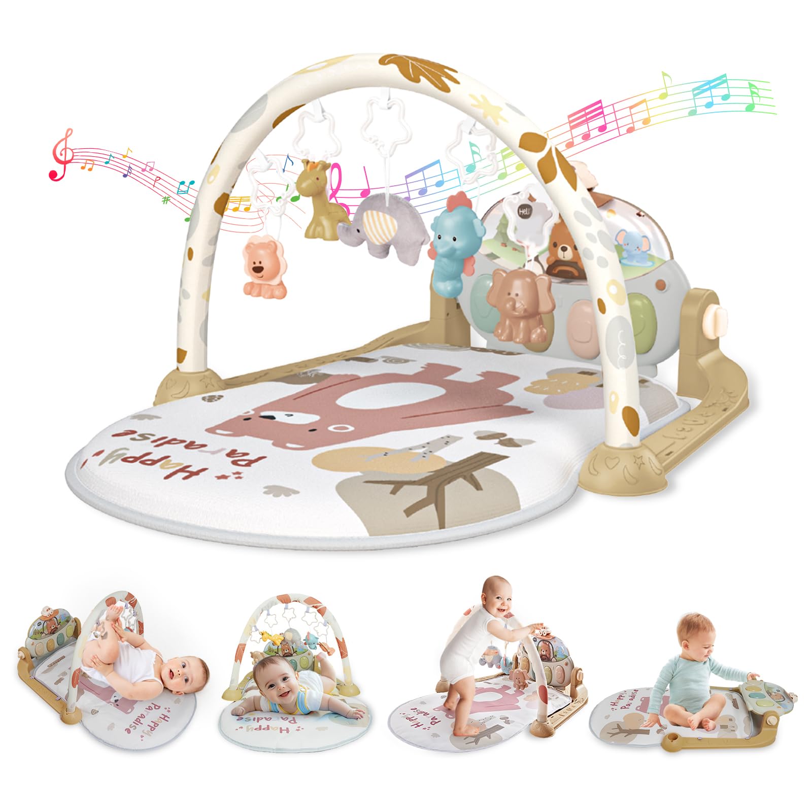 Gimnasio Bebé Montessori 0-6 Meses, Manta Juegos Bebe con Musical de Piano Ajustable y Sonajero, Tapete de Actividades para Caminar, Juguetes Alfombra Sensorial Bebé 6-12 Meses (Marrón)