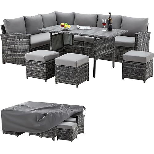 AECOJOY 7 Pieces Patio Furniture with Cover, Wicker Rattan Outdoor Set Clearance with Dining Table&Chair, Grey