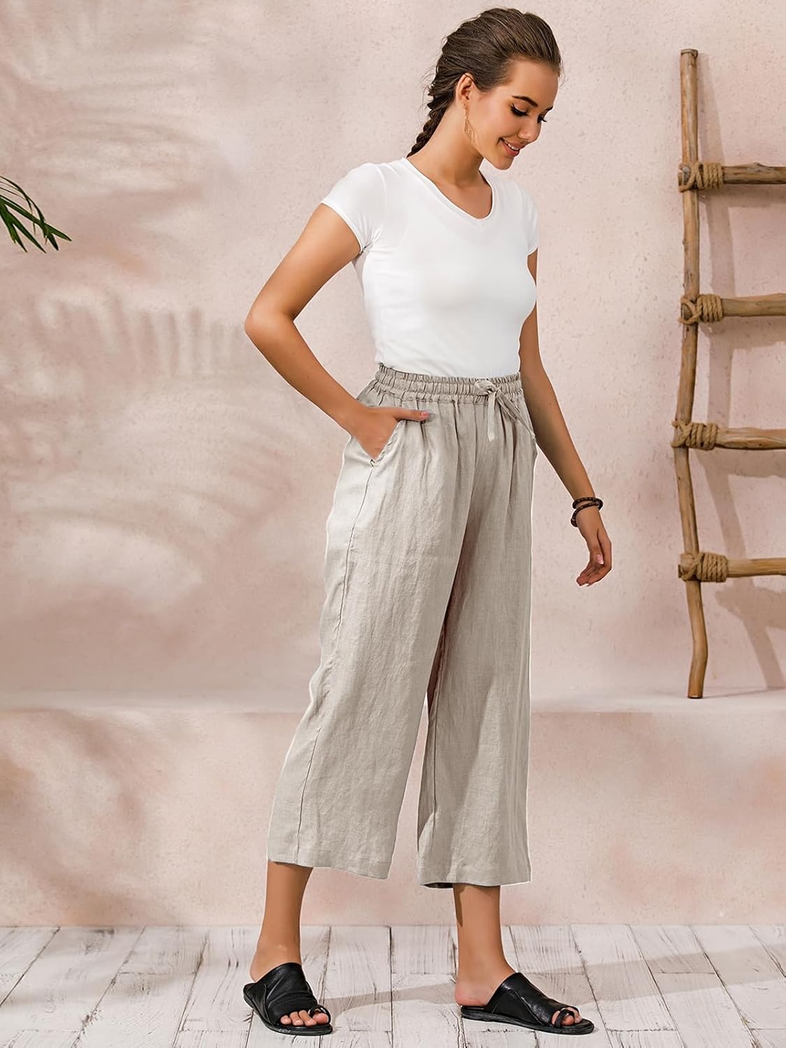ECUPPER Womens Linen Cropped Pants Loose Casual Capri Cotton Wide Leg Plus Size Elastic Waist with Drawstring Trouses - Image 4