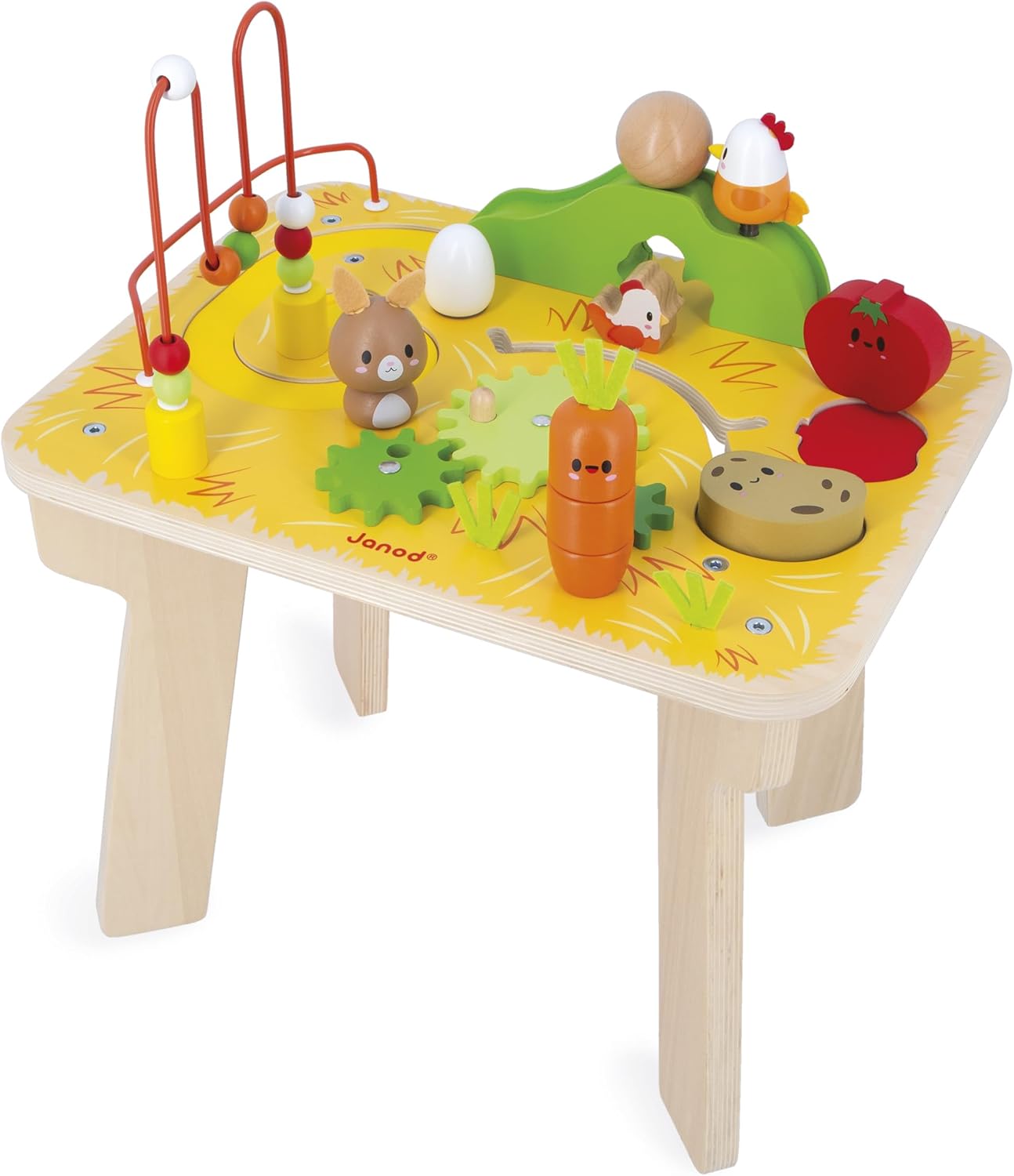 Janod - Wooden Activity Table Farm Theme - 8 Activities for Children - Table Height 32cm - Early Learning Toy - Development of Fine Motor Skills - Wooden - from 12 Months, J03321