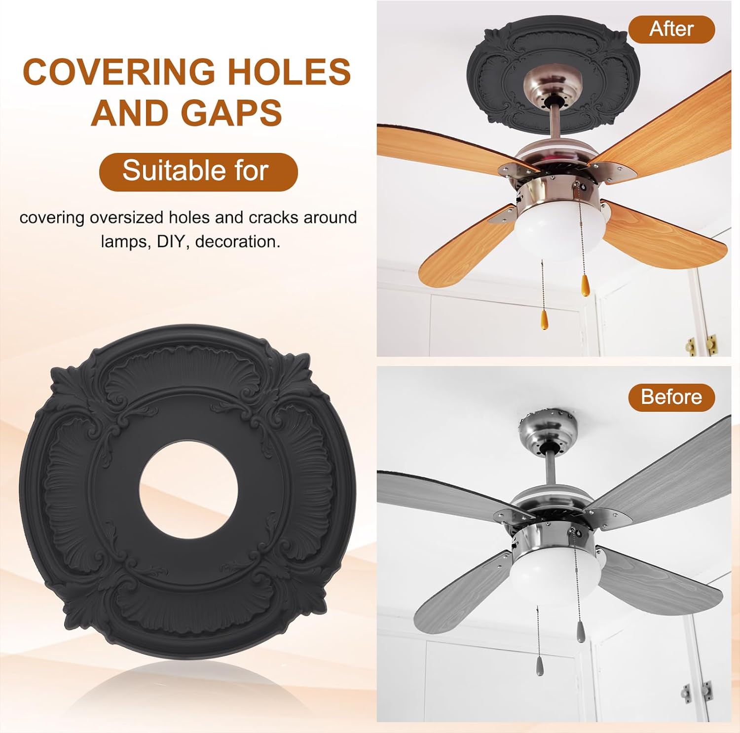 PATIKIL Ceiling Medallion, 2 Pcs 12" OD x 3.43" ID PU Decorative Ceiling Light Medallion Chandelier Medallion Classical Ceiling Light Cover Plate for Ceiling Light Fixtures Fans, Black