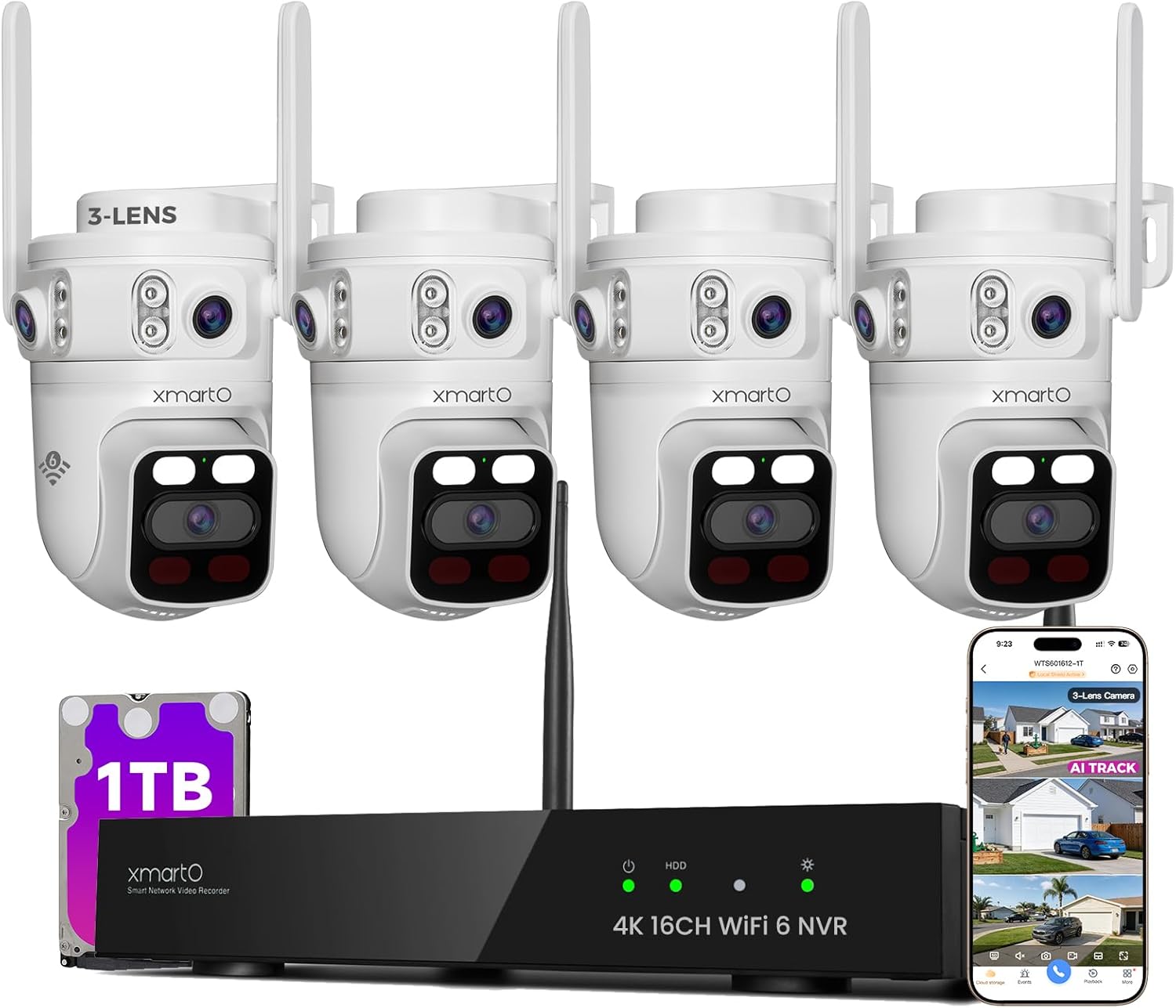 XMARTO 6MP Tri-Lens 4-Cam 1TB WiFi Mesh Security Camera System,16CH 4K H.265 WiFi-Inside NVR,360°PTZ AI Tracking,3-View/Cam,Long Range Wireless,Plug-in 24/7 Home Surveillance,Local & Mobile View
