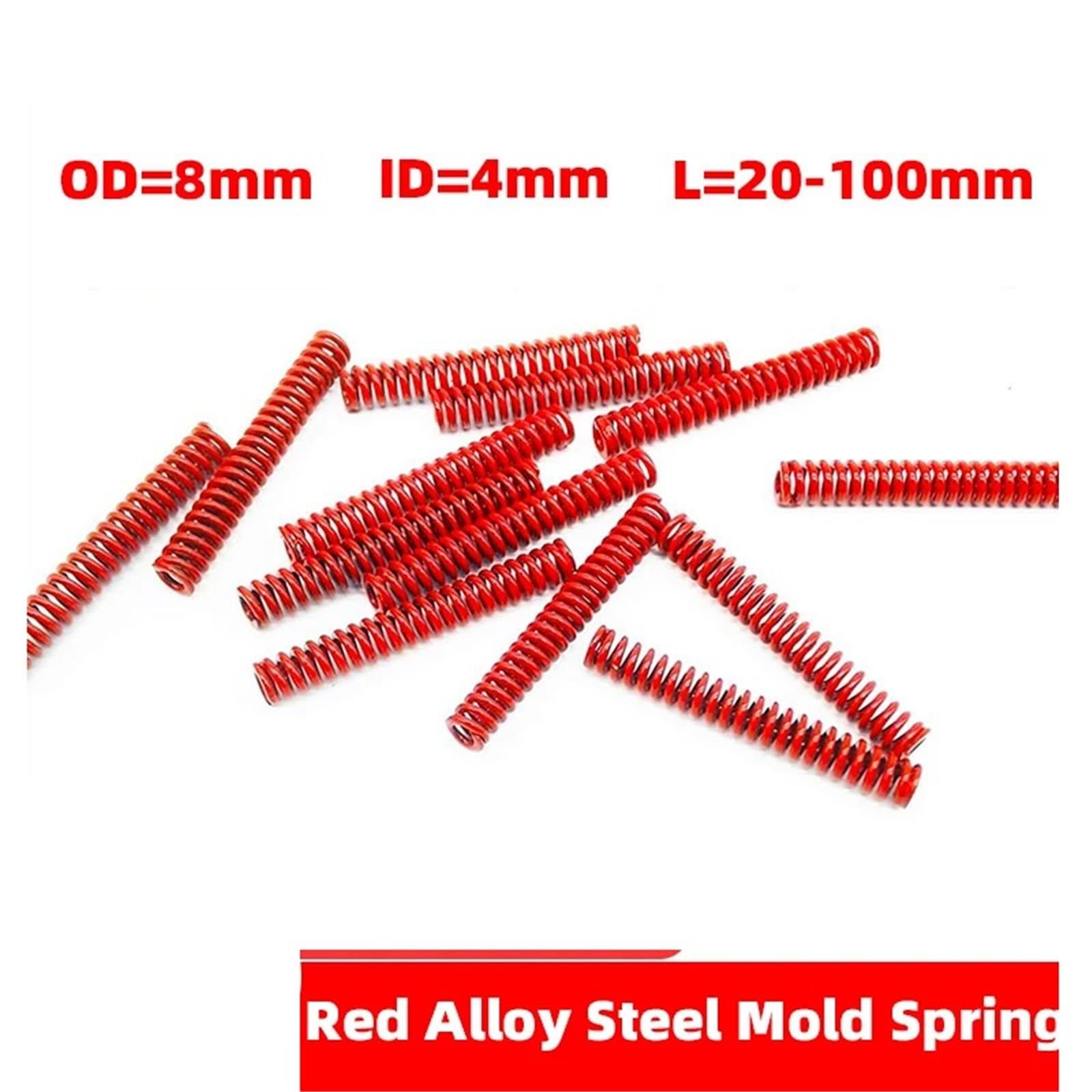 Molle a molla per stampaggio a spirale, in acciaio legato, colore rosso, a carico medio, 10 pezzi, diametro interno 8 mm, lunghezza 4 mm, lunghezza 20-100 mm (100 mm)