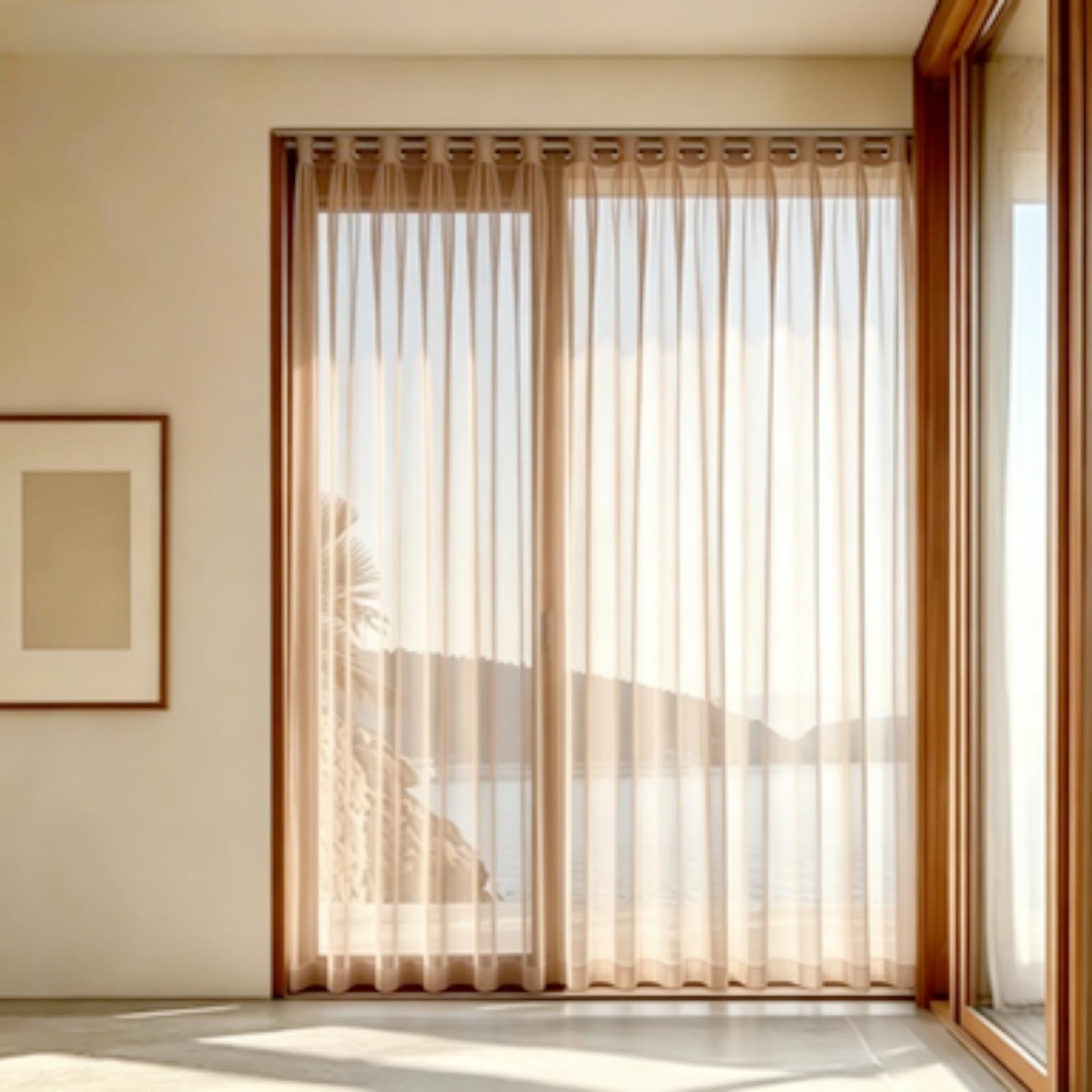 FEIJDON Sheer Curtains 145 x 195 cm Touching, Saving Privacy Net Curtain Sheer Curtains – Energy-Saving Privacy Panels with UV Light for Kitchen, Patio, Hotel, Light brown