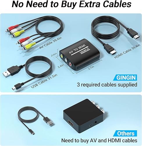 Miniatura 5 de Convertidor RCA a HDMI, GINGIN 1080p720p AV a HDMI convertidor para TVPCN64WiiPS1PS2PS3STBXboxVHSVCRBlue-Ray, con cables RCA y HDMI