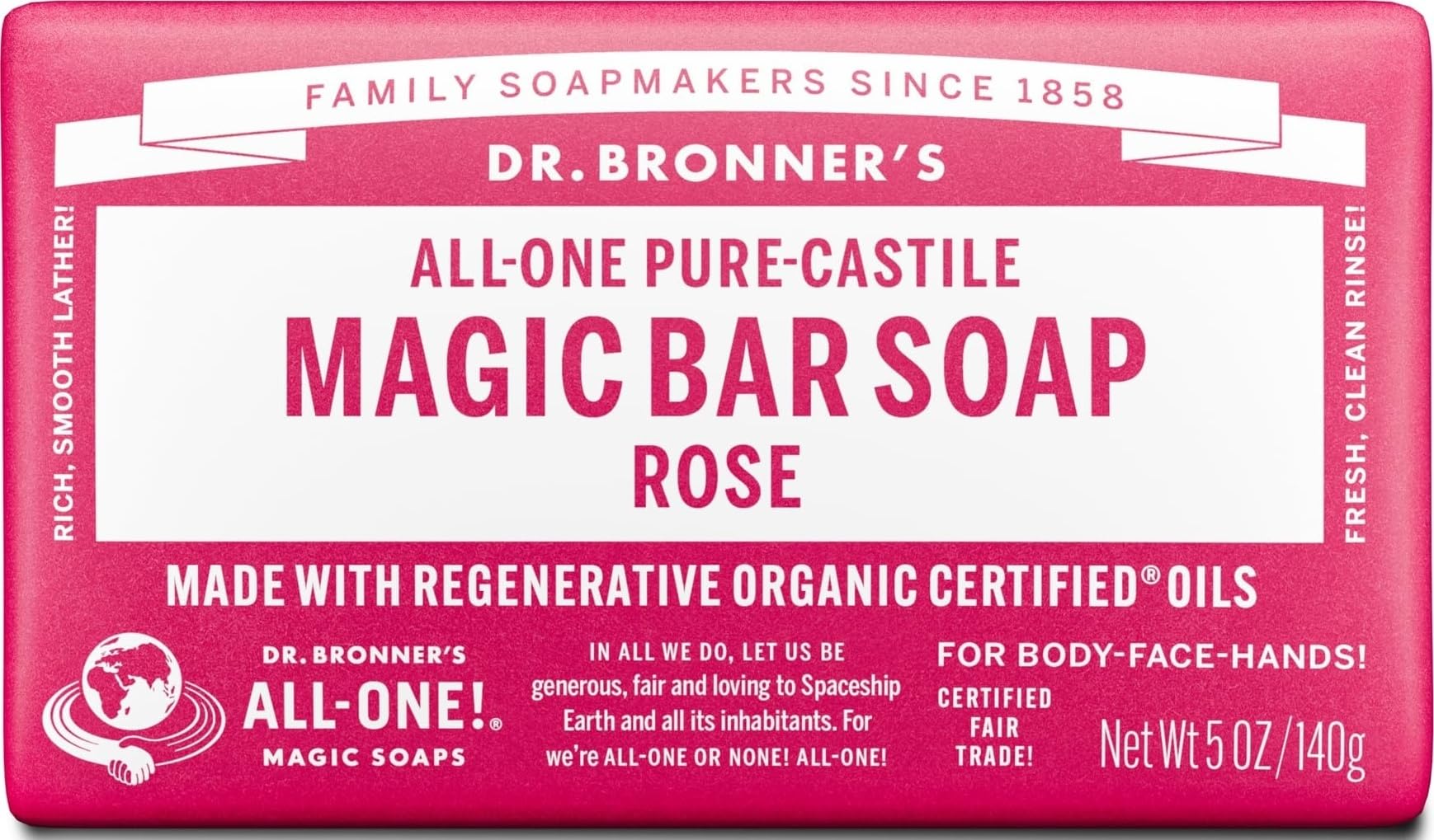 Dr. Bronner's Pure-Castile Bar Soap Made with Organic Oils for Face, Body and Hair, Gentle and Moisturizing, Biodegradable, Vegan, Cruelty-free, Non-GMO, Rose, 5 Oz | Vegan Formula, Floral Aroma, Shower Routine for Women and Men, Face Cleanser, Hand Care, Organic Oils, Everyday Personal Use Rose 5 Ounce (Pack of 1)