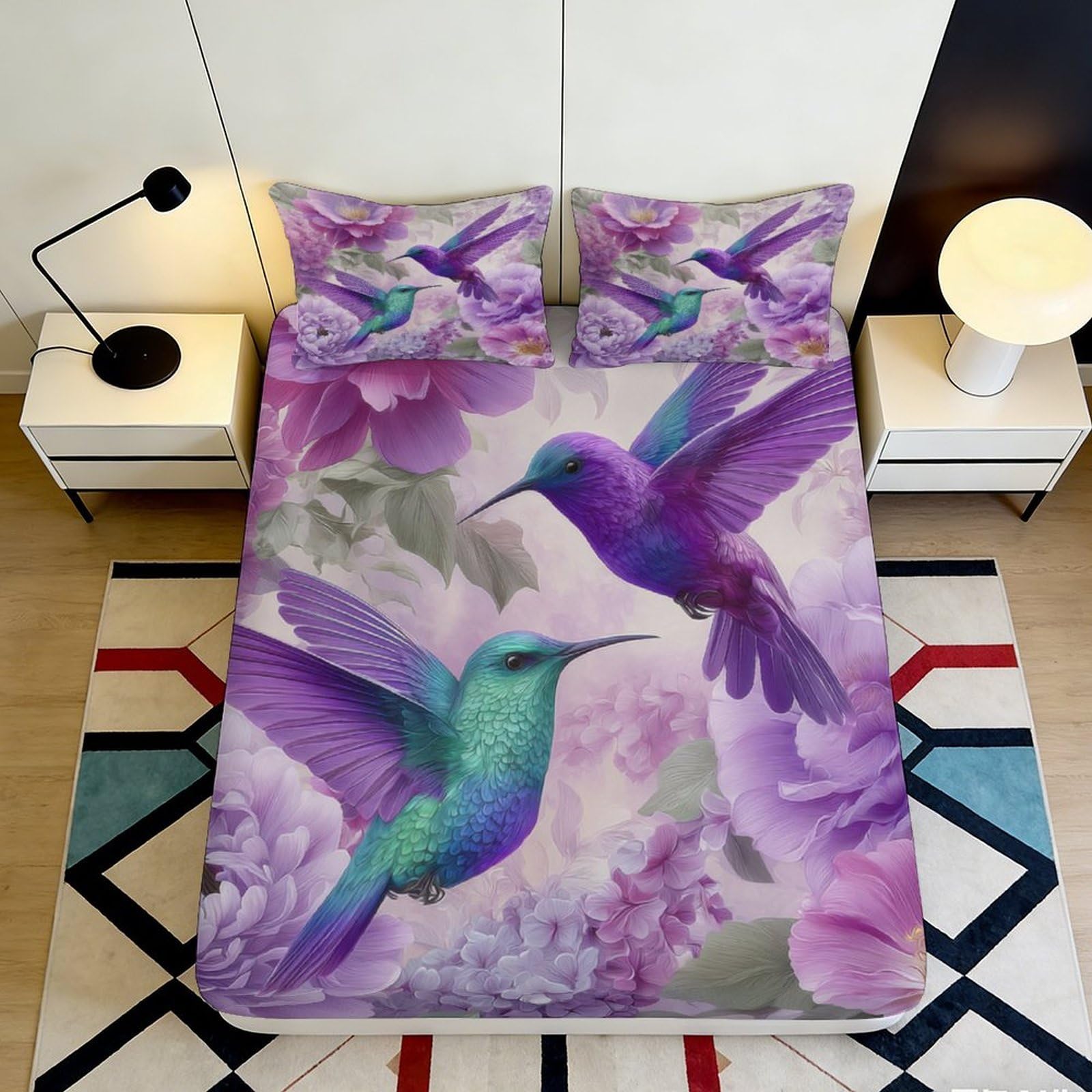 3D Printed Purple Hummingbird Fitted Sheet Microfiber Soft Floral Mattress Cover for Bedroom Guest Room Decor 90x200x25cm
