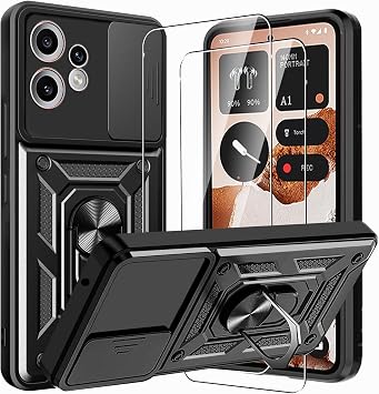 KZIOACSH Case for CMF Phone 2 Pro with 2 Tempered Glass, 360 Rotaring Kickstand Slide Camera Cover Shockproof Hybrid Soft TPU+Hard PC Case Military Grade Anti-Scratch Bumper Cover,Black