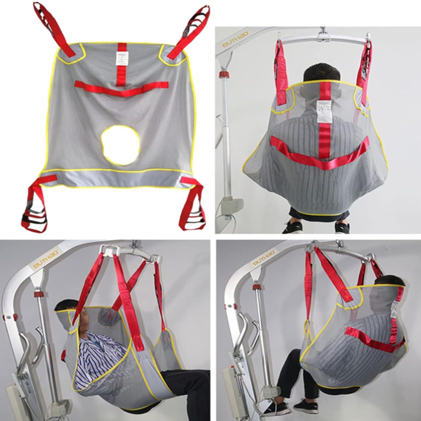 Eslinga de elevación de cuerpo completo para pacientes con soporte para la cabeza, correa de transferencia resistente para baño, 4 cordones ajustables, carga de 230 kg