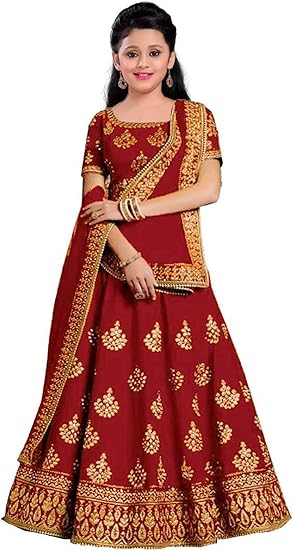 Stripe Fashion Girls Lehenga Choli Ethnic Wear Embroidered Lehenga, Choli and Dupatta Set -(9 to 15 year) (11-12 Years, dark marron)