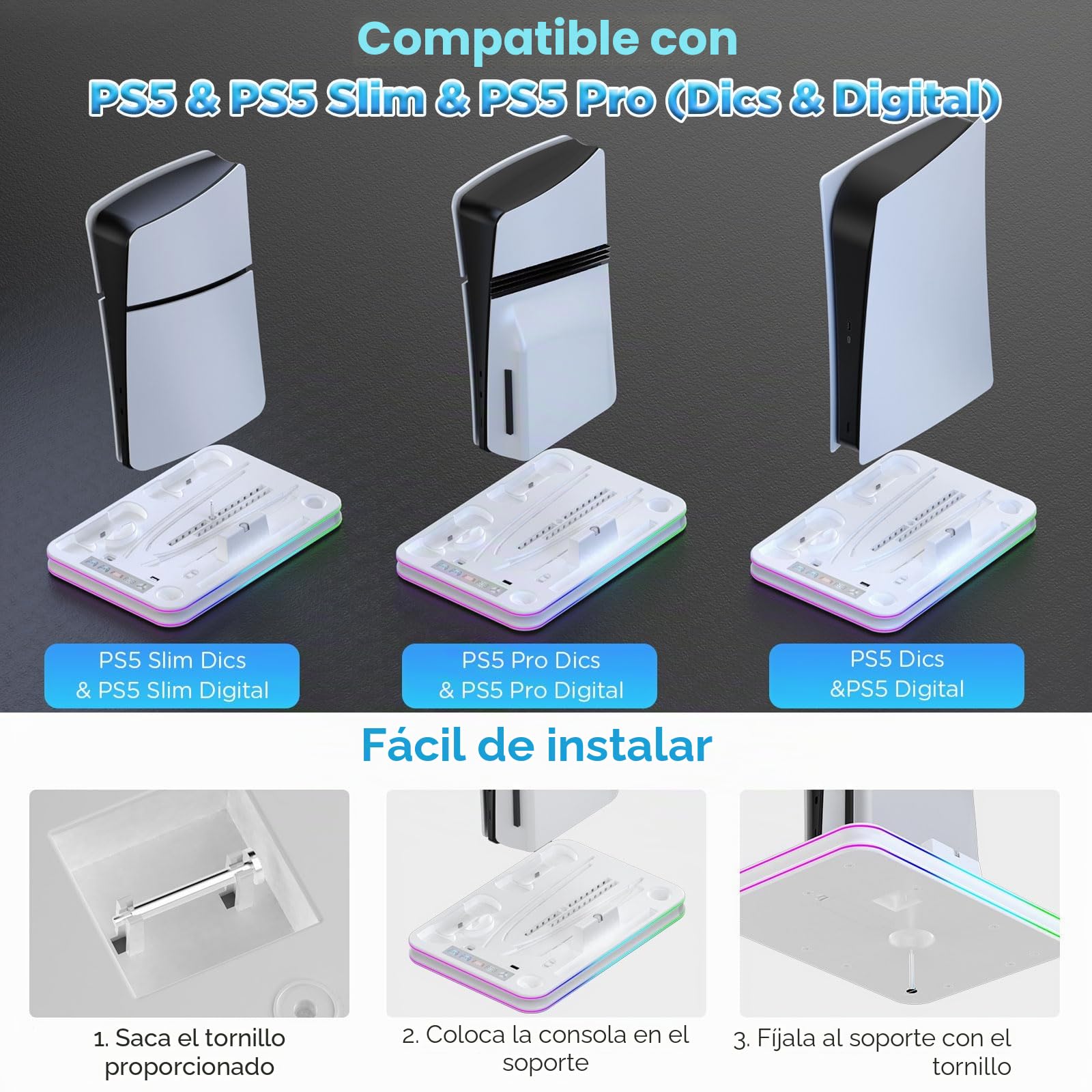 PS5/PS5 Slim/PS5 Pro Stand con Ventilador de Enfriamiento, Soporte PS5 Vertical con Luz RGB Base de Carga PS Portal y Controlador de Doble Sentido/Borde Sccesorios Delgados P5/P5 Slim/P5 Pro