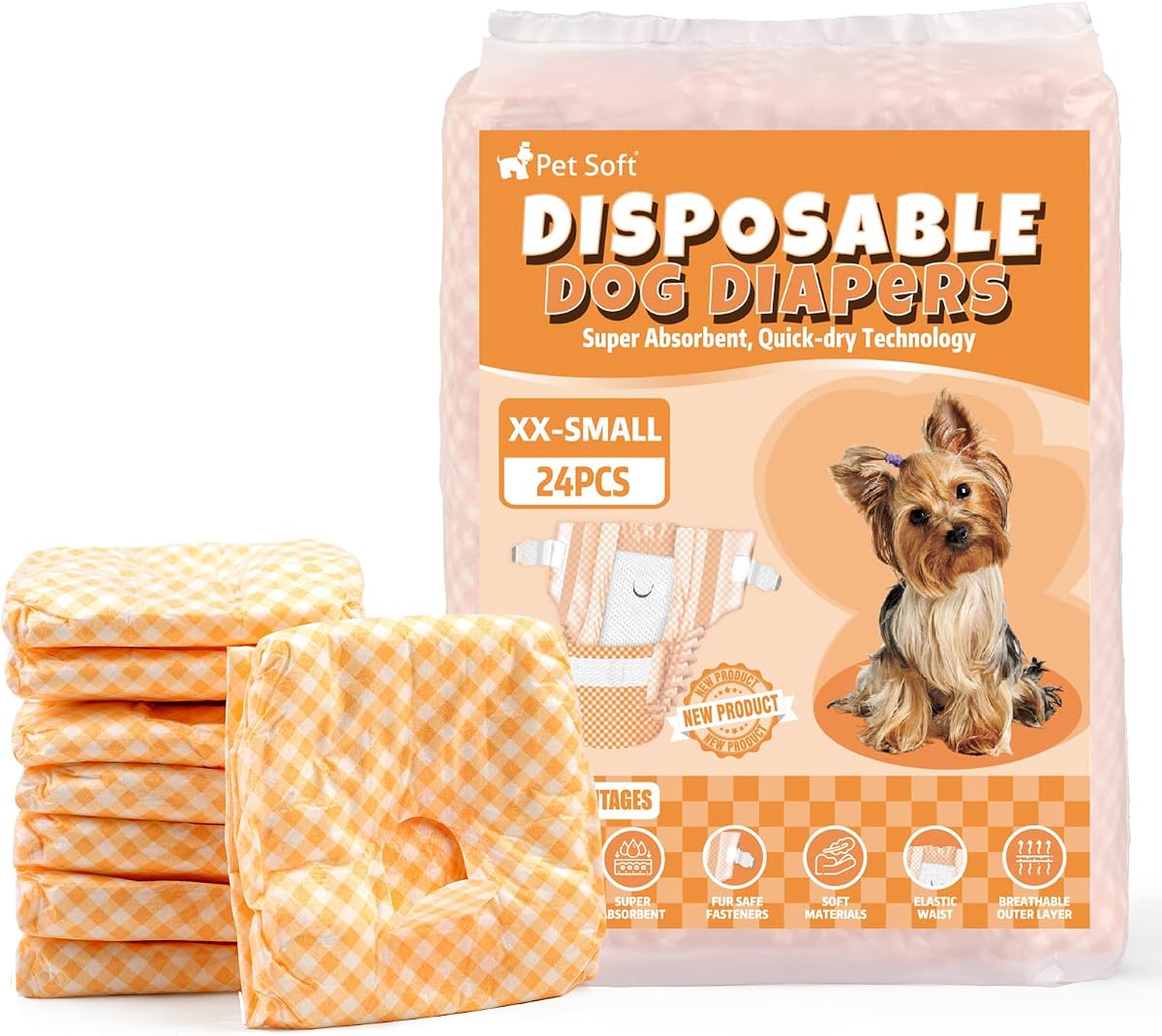 Female Dog Diapers - Disposable Puppy Diapers for Dogs & Cats, Ultra Absorbent Doggy in Heat Period or Urine Incontinence, 24pcs (XXS, Orange)