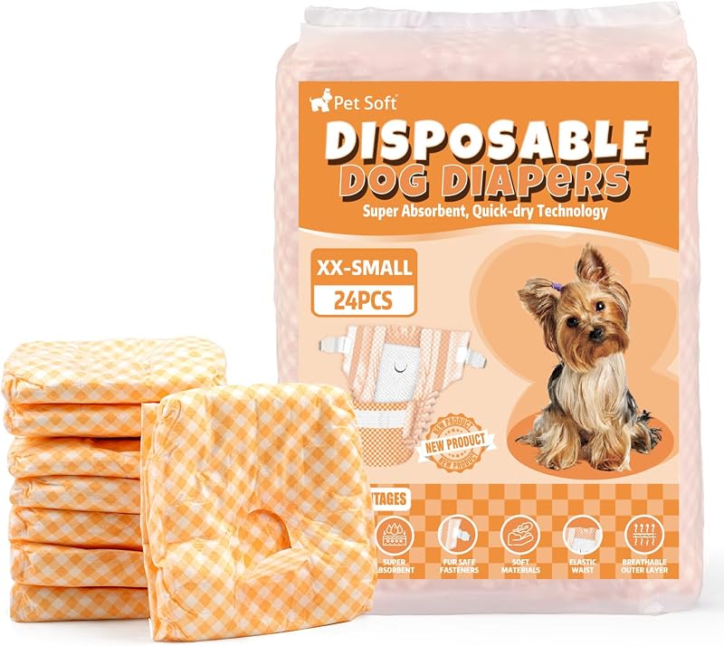Female Dog Diapers - Disposable Puppy Diapers for Dogs & Cats, Ultra Absorbent Doggy in Heat Period or Urine Incontinence, 24pcs (XXS, Orange)