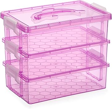 JUXYES 3-Tiers Stack Carry Storage Box with Handle, Transparent Stackable Storage Bin With Handle Lid Latching Storage Container for School & Office Supplies, Internal Size 20x12.5x6cm, Purple
