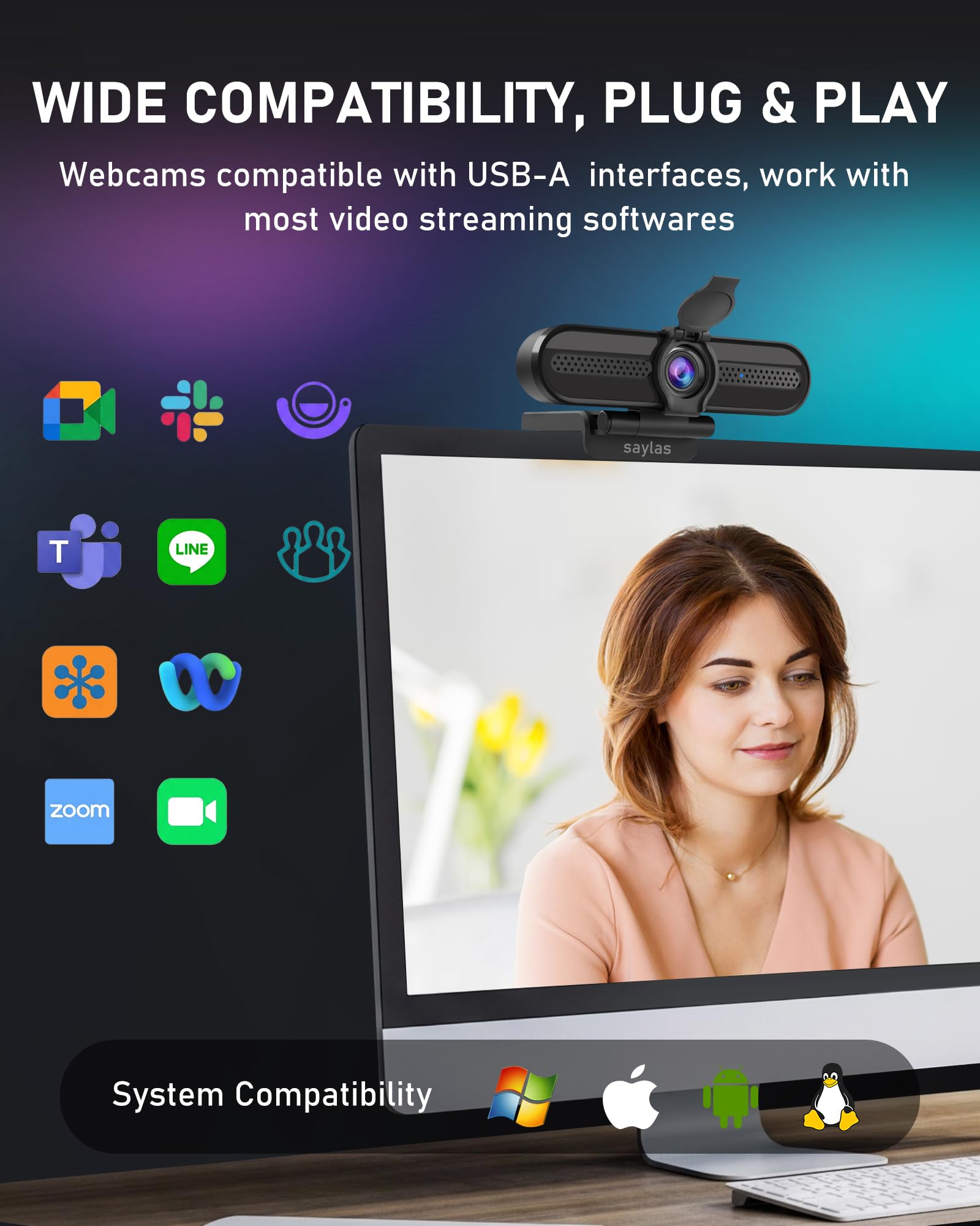 Cámara web 2K, cámara de transmisión FHD con 2K/30fps, 1080P/60fps, enfoque automático, micrófonos duales con cancelación de ruido, cubierta de privacidad y trípode, para