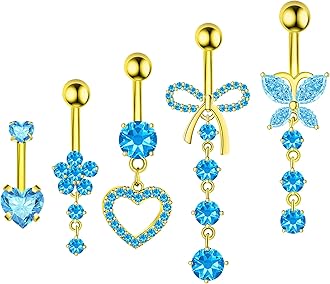 Belly Button Ring with Belly Button Pendant Jewelry Cute Pink CZ Heart Butterfly Flower Belly Button Piercing for Women 14G Silver Stainless Steel Delicate Hanging Piercing