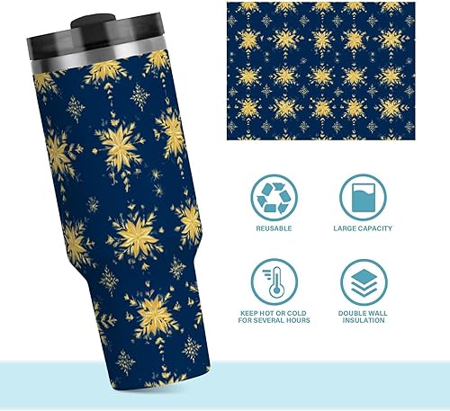 Miniatura 8 de Botella de agua reutilizable al vacío con diseño de flores vintage azules y doradas para la escuela con pajilla, resistente a las fugas, taza