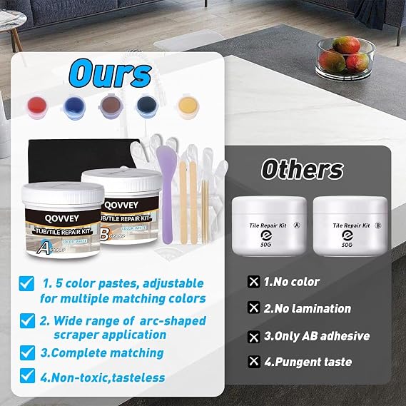 Tile & Fiberglass Quartz Countertop Repair Kit (Color Match), Granite & Tub Repair Kit, 4 oz Porcelain Sink Mable Chip Repair for Cracks Chips Dents Holes Almond Biscuit Bone (Multicolored)