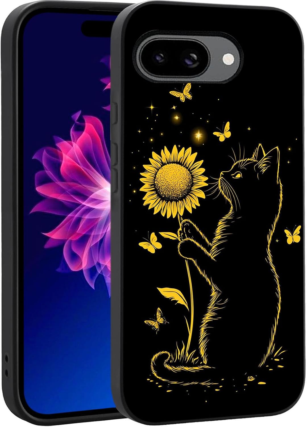 Designed for Pixel 10a Silicone Case,Slim Soft TPU Full-Body Protective Phone Case - Cute Cat and Sunflowers
