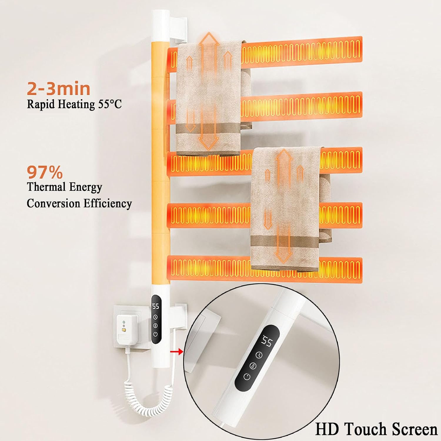 壁掛け電気タオルヒーター - 5本のバー電気加熱タオルレール、 1.5M スプリングライン加熱乾燥ラック 浴室用 0-8Hタイマー&