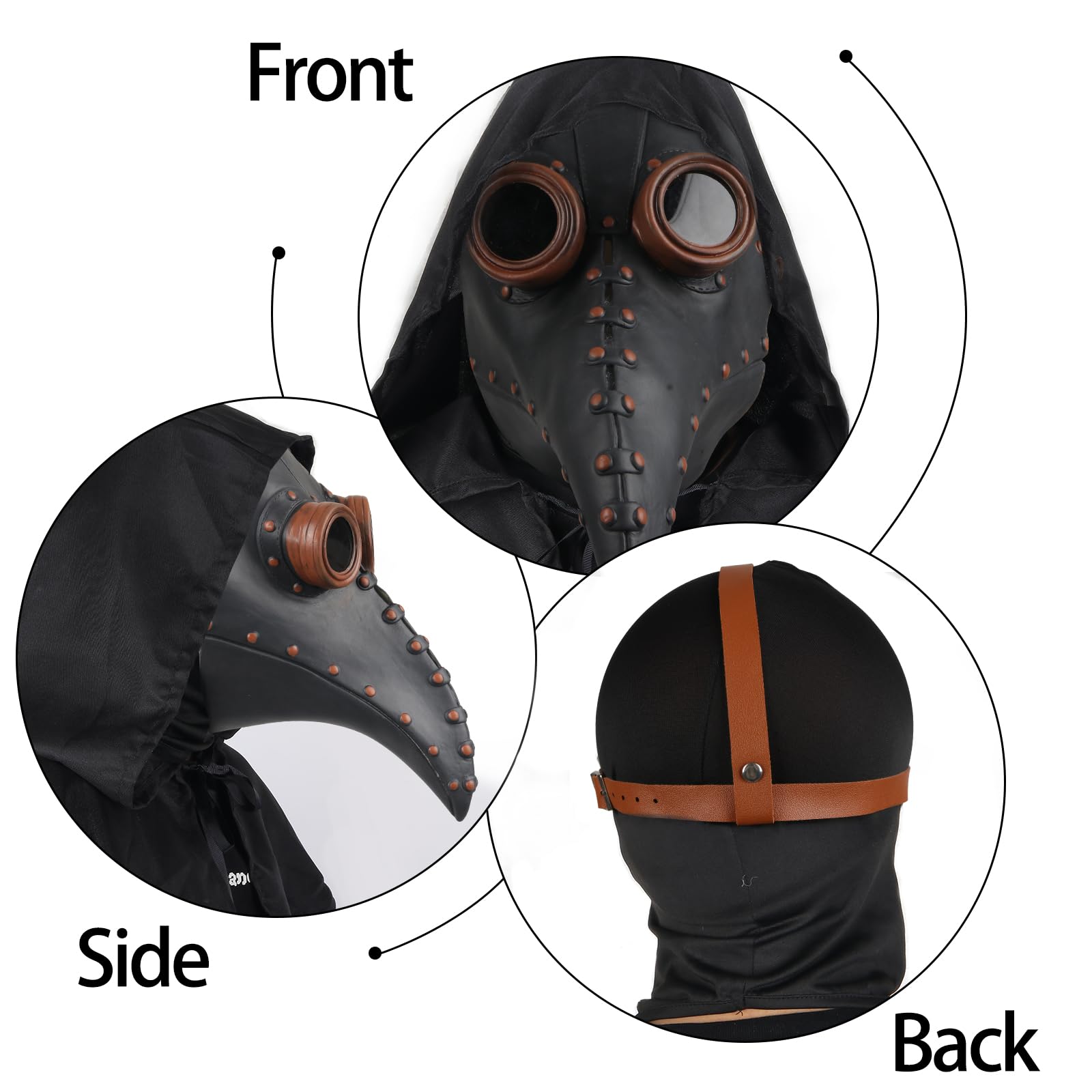 Lifreer Halloween Cosplay Costume Set, Plague Doctor Mask with Long Nose Beak, Black Gloves, Hooded Cloak, Full Face Mask - Image 4