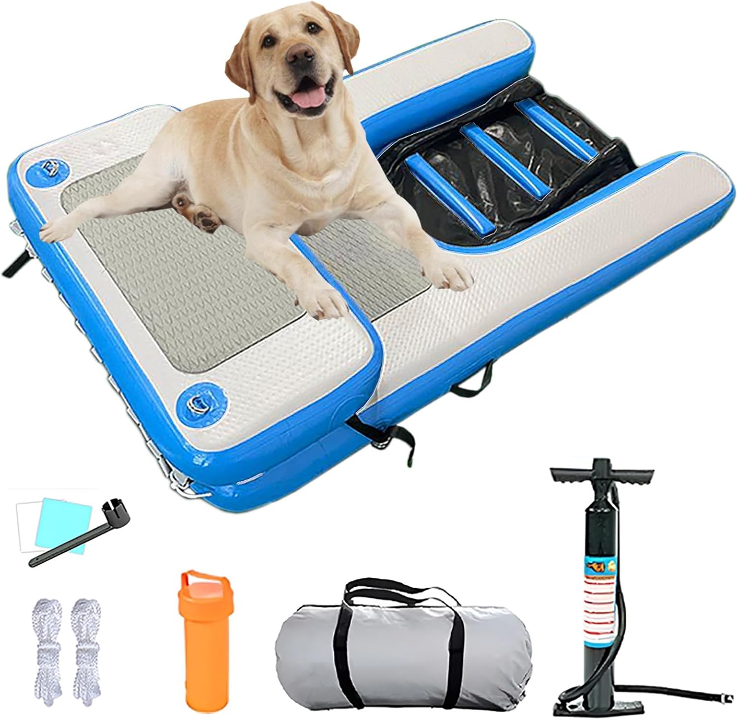 ERRULAN Inflatable Floating Large Dog Water Ramp Ladder for Pools, Elevated Dog Swim Platform with Booster Step, Non-Slip EVA Dogs Boat Ramp for Dogs Up to 230LBS(Blue)