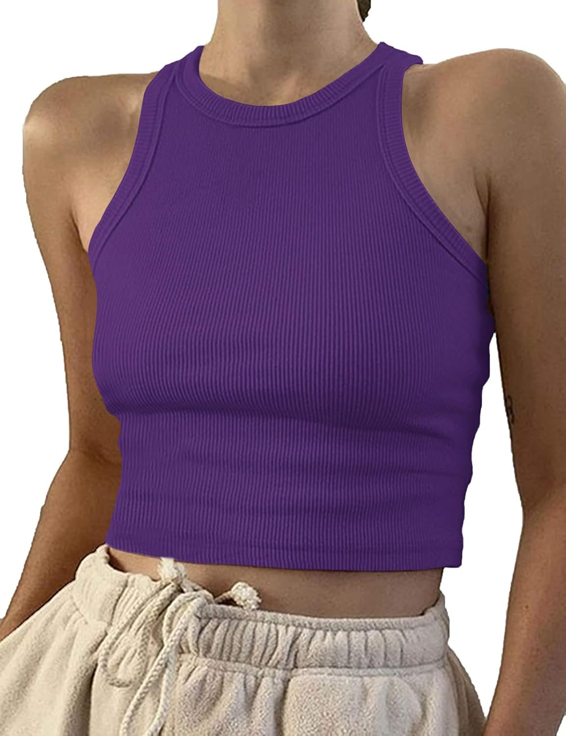 Artfish Women Casual Basic Sleeveless High Neck Rib-Knit Y2k Crop Tank Top