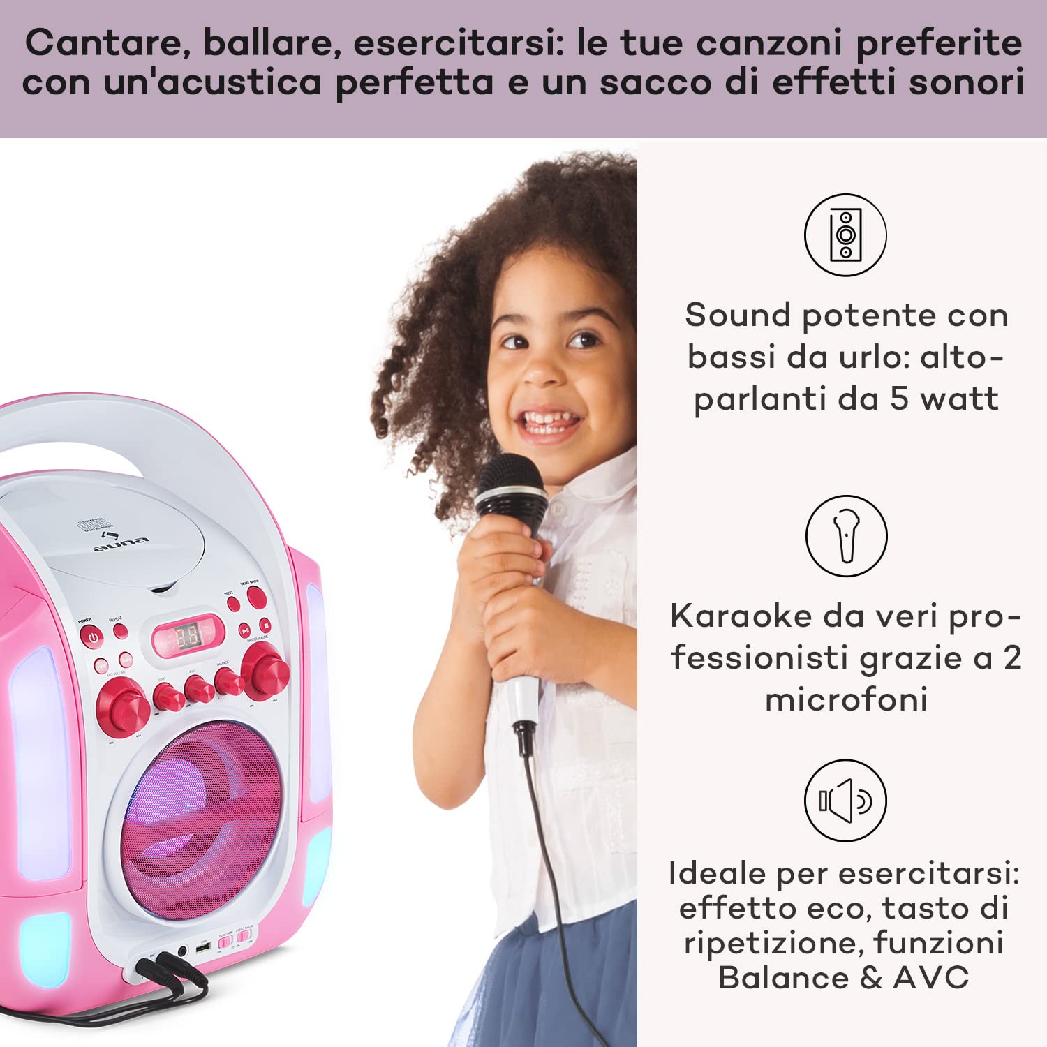 AUNA Kara Illumina - Kit Karaoke, 2 Microfoni Dinamici, Lettore CD+G , Top Laoding, Capacitá MP3, Uscita Video, usicta Audio, Effetto Eco, Funzione AVC, Rosa-Bianco